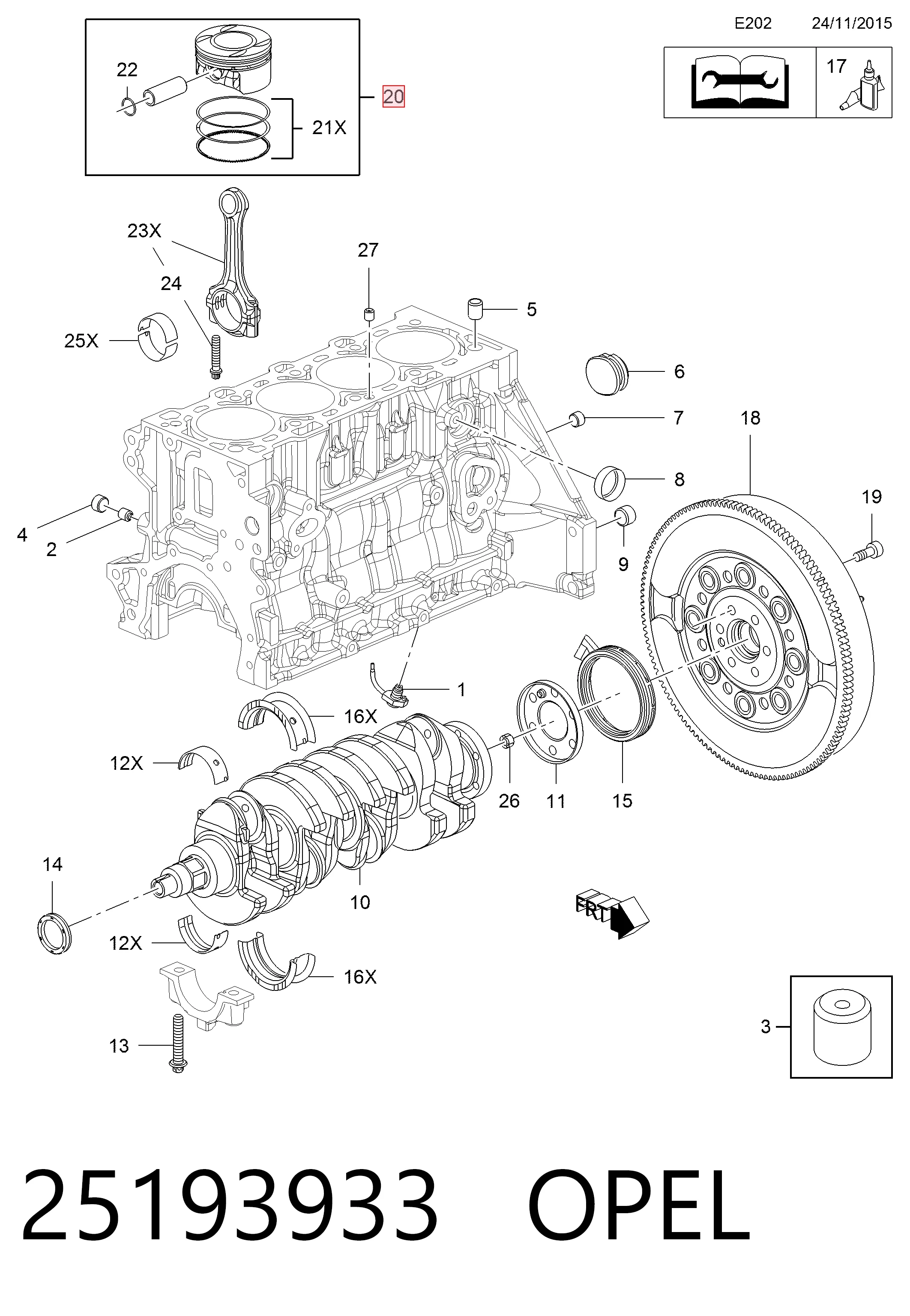 Do koszyka Tłok, komplet do jednego cylindru, STD Chevrolet Orlando  J309