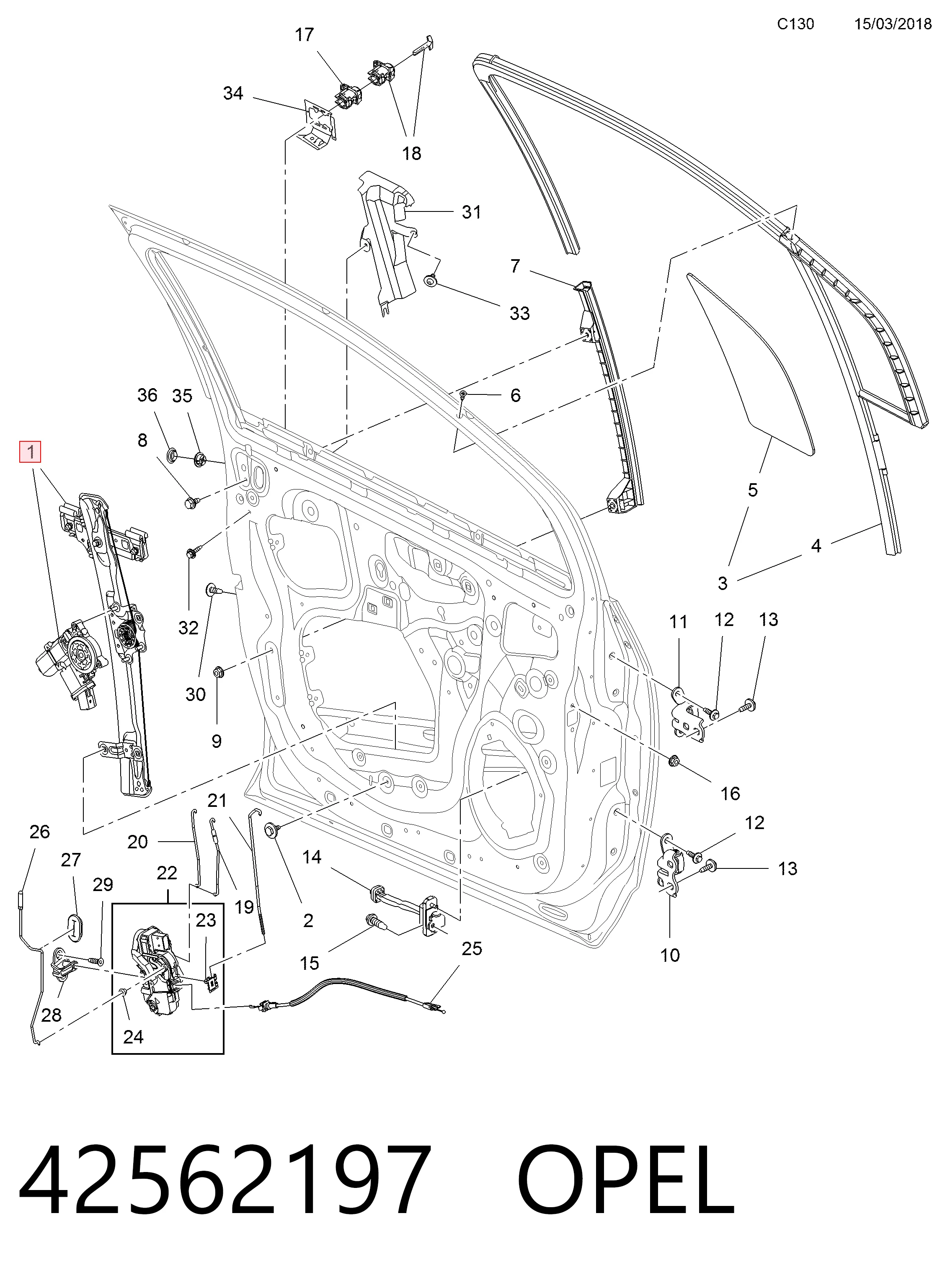 Mechanizm podnoszenia szyby drzwi przednich prawych do Opel Mokka I J13