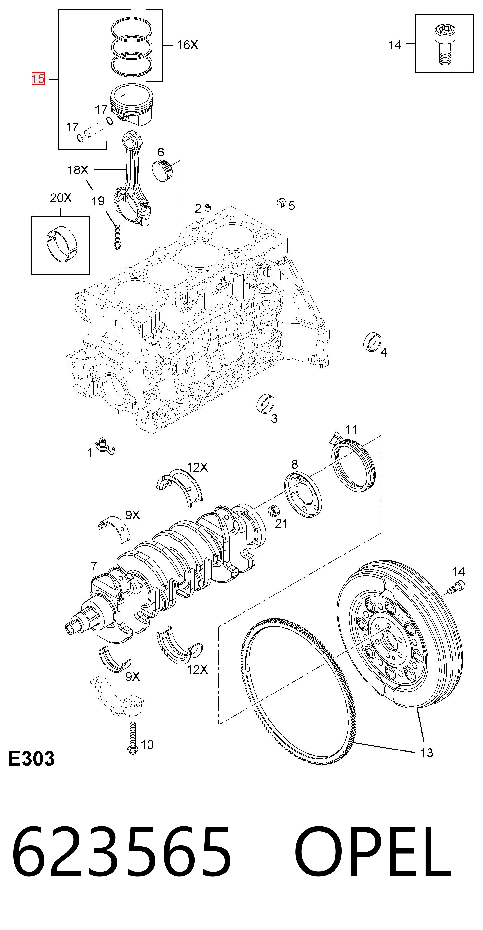 623565 Opel Tłok, komplet do jednego cylindru, STD