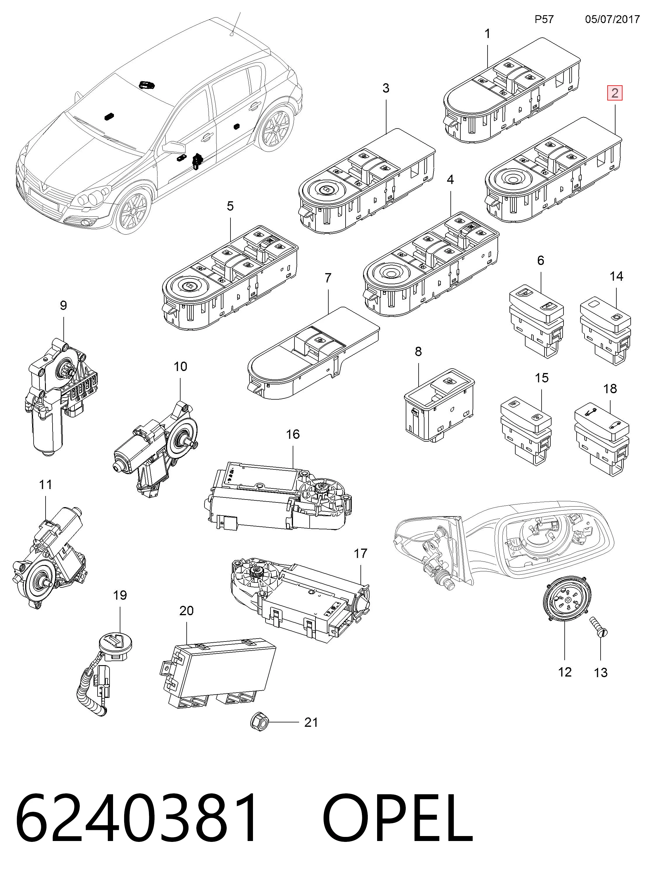 6240381 Opel Panel przyciskowy sterowania podnośnikiem szyby przedni lewy