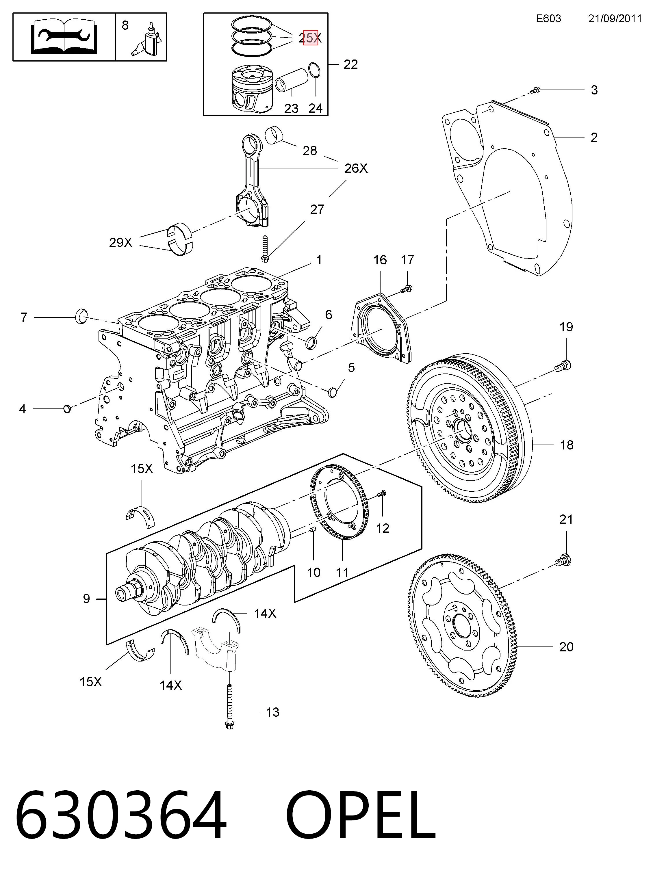 630364 Opel Pierścienie tłokowe na 1 cylinder, STD.