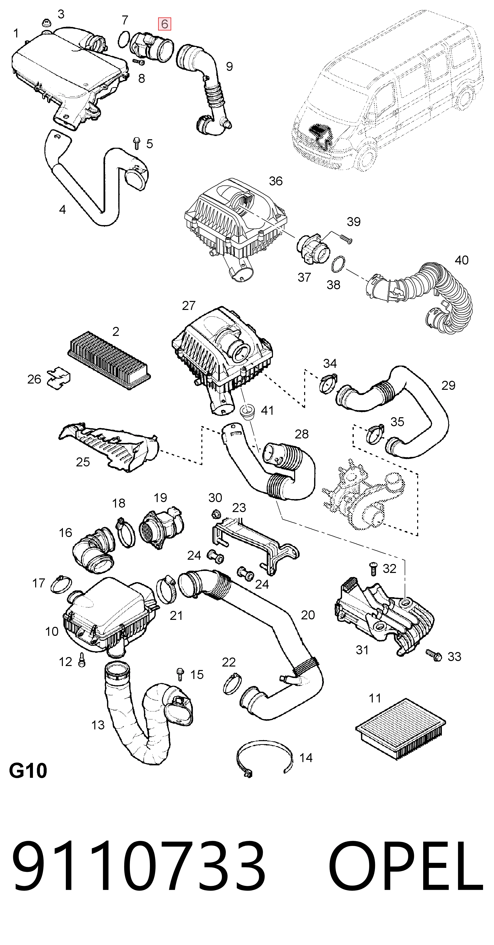 9110733 Opel Czujnik przepływu powietrza, przepływomierz powietrza M.A.F.