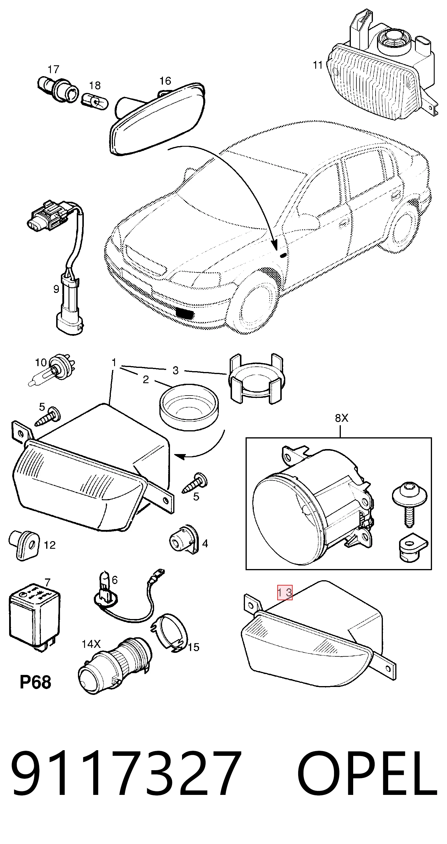 Lampa przeciwmgielna prawa 9117327 General Motors
