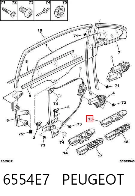 6554E7 Peugeot/Citroen Panel przyciskowy sterowania podnośnikiem szyby przedni prawy