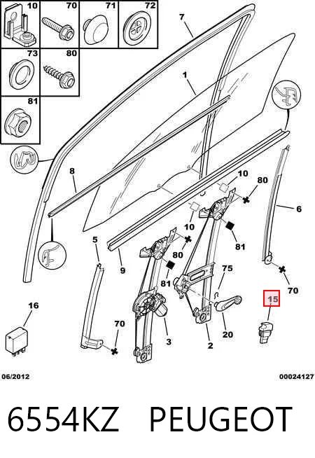 6554KZ Peugeot/Citroen Panel przyciskowy sterowania podnośnikiem szyby przedni lewy