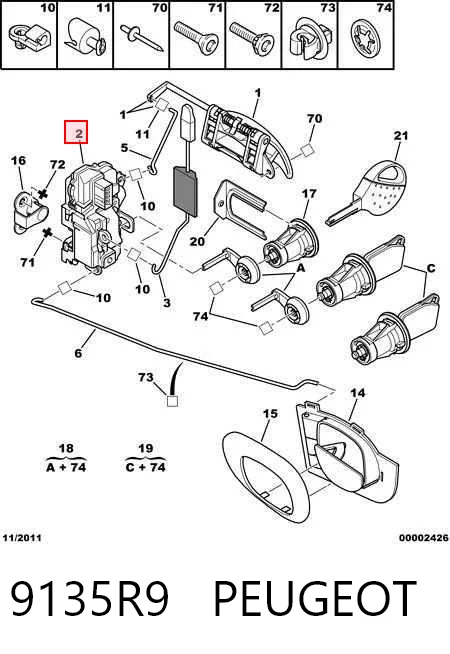 9135R9 Peugeot/Citroen Zamek drzwi przednich lewych