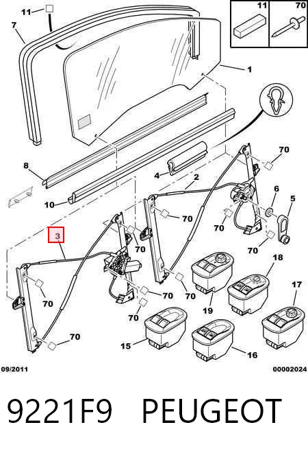 Mechanizm podnoszenia szyby drzwi przednich prawych Peugeot 206 