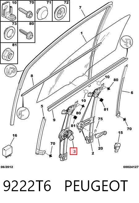 Mechanizm podnoszenia szyby drzwi przednich prawych do Citroen C1 I PM, PN