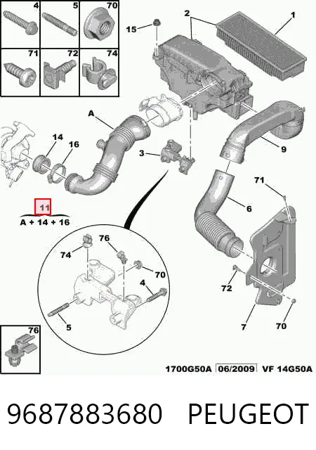 9687883680 Peugeot/Citroen Króciec powietrza, wylot filtra powietrznego