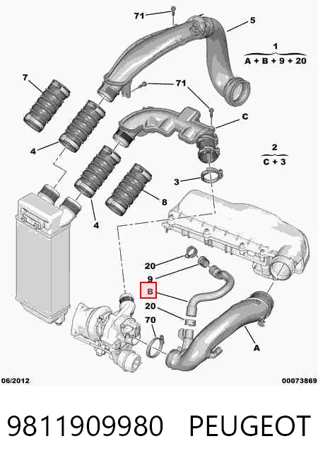 9811909980 Peugeot/Citroen Króciec powietrza, wlot do turbiny (doładowanie)