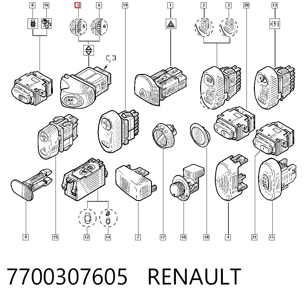 7700307605 Renault (RVI) Włącznik przyciskowy podnośnika szyby przedni lewy