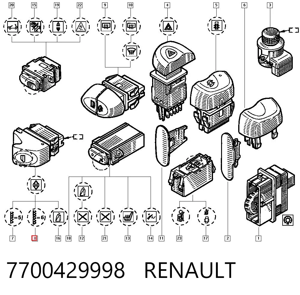 7700429998 Renault (RVI) Włącznik przyciskowy podnośnika szyby przedni lewy