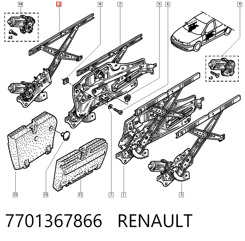 Mechanizm podnoszenia szyby drzwi przednich prawych Renault Laguna I hatchback (B56, 556) (1993 - 2002) cena, od 52,80 USD