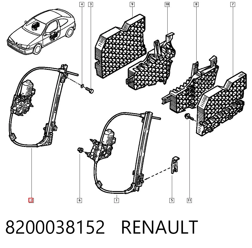 Do koszyka Mechanizm podnoszenia szyby drzwi przednich prawych Renault Megane II EM0, EM1