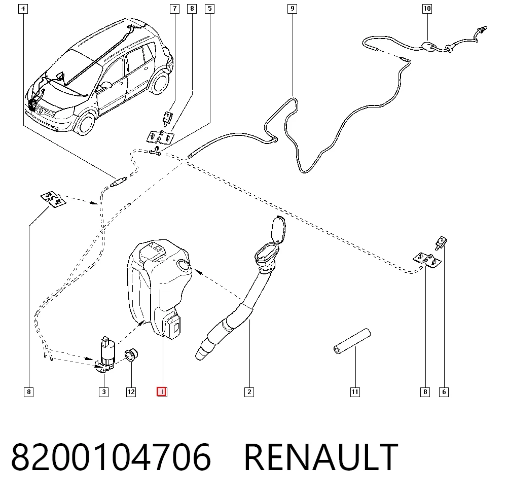Do koszyka Zbiorniczek spryskiwacza szyb Renault Megane II LM0, LM1