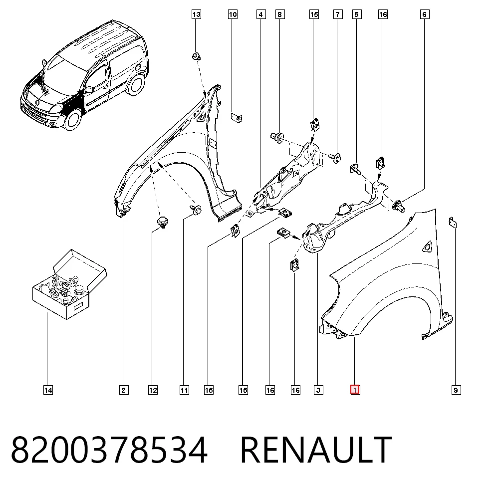 Do koszyka Błotnik przedni lewy Renault Kangoo II FW0