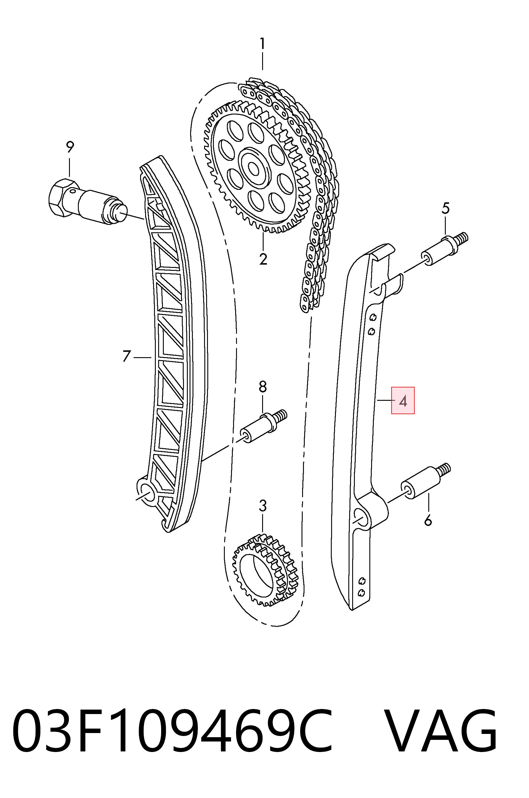 Do koszyka 03F109469C VAG Tłumik drgań łańcucha rozrządu, lewy