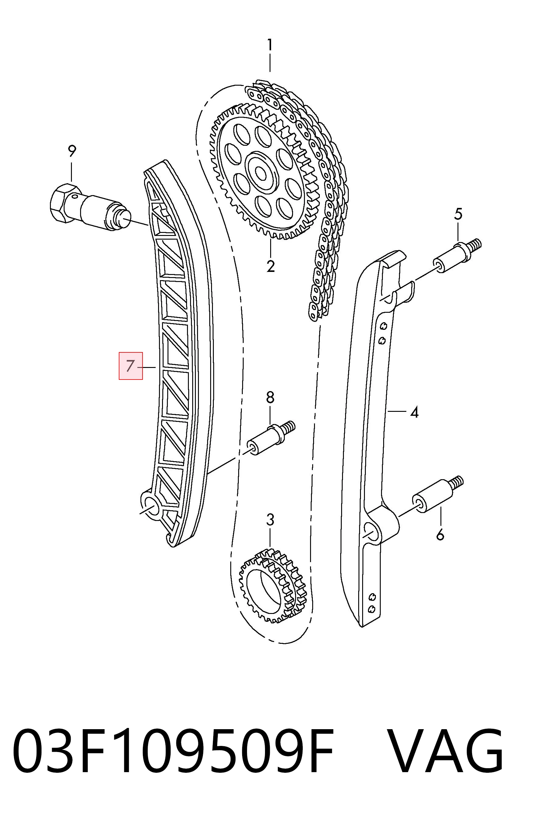Do koszyka 03F109509F VAG Tłumik drgań łańcucha rozrządu, prawy
