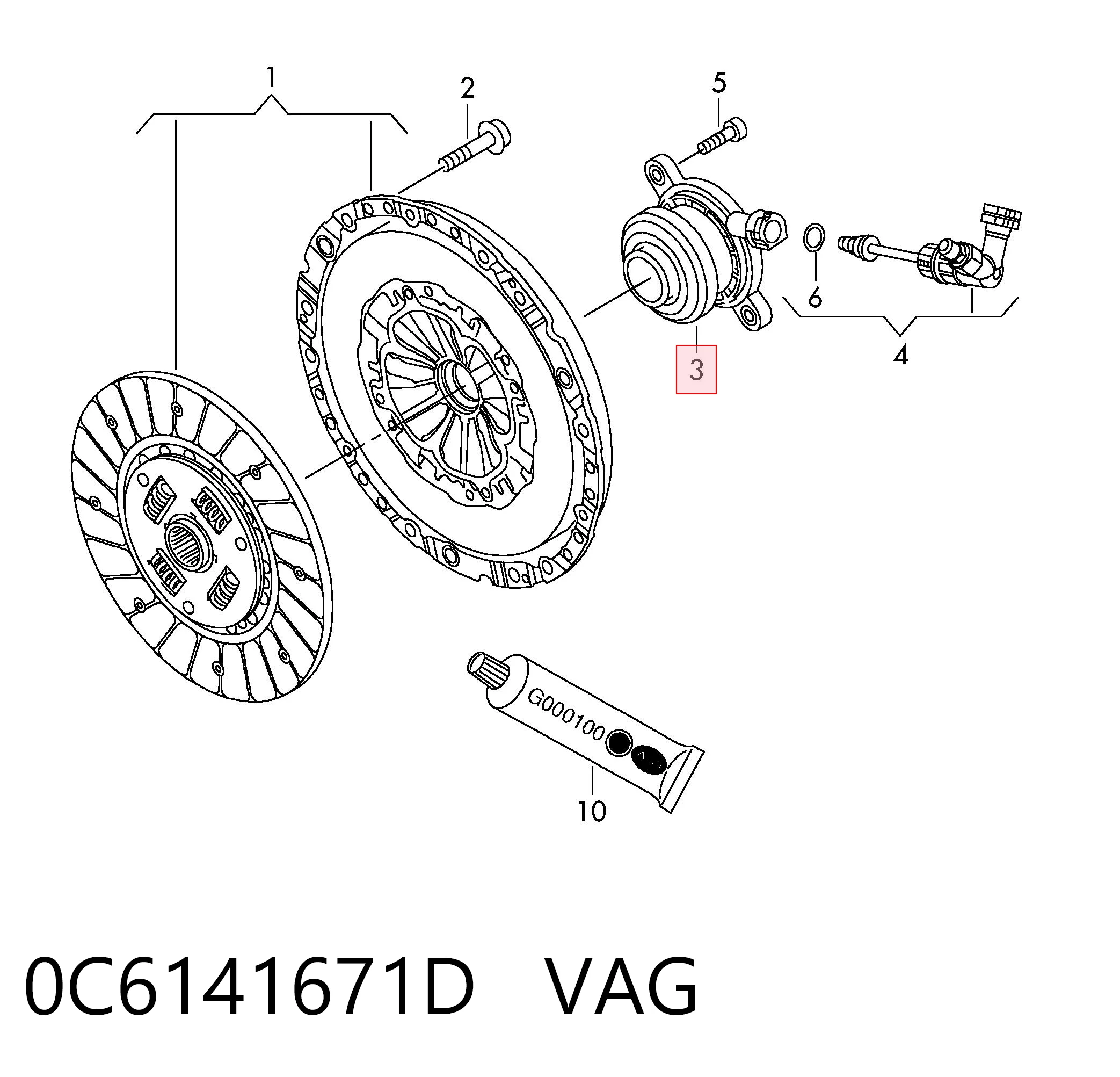 Cylinder roboczy sprzęgła (wysprzęglik) w komplecie z łożyskiem wyciskowym 0C6141671D VAG
