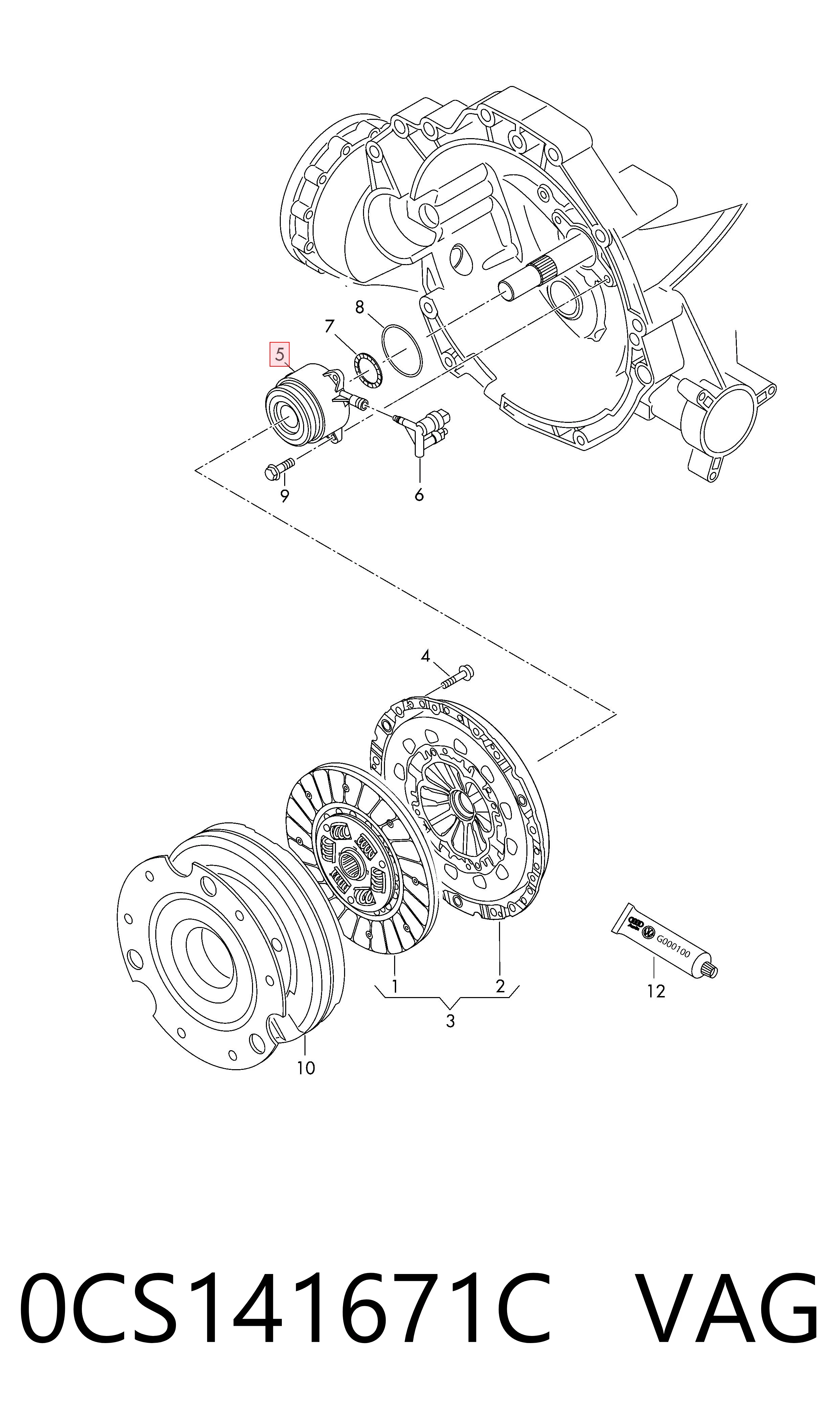0CS141671C VAG Cylinder roboczy sprzęgła (wysprzęglik) w komplecie z łożyskiem wyciskowym