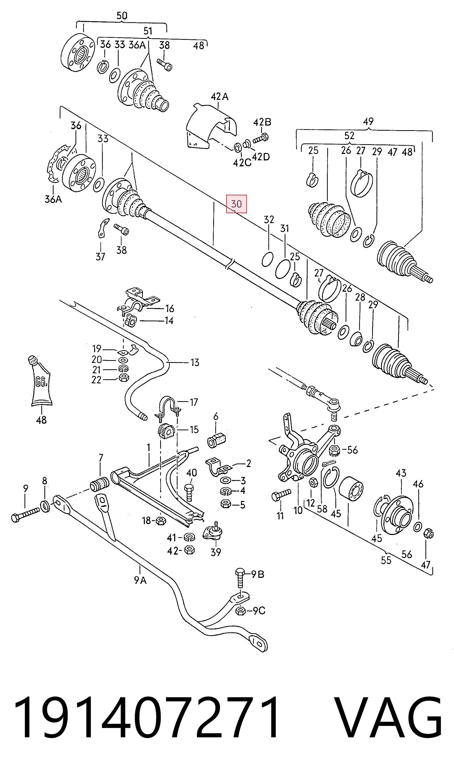 Półoś napędowa przednia lewa do Volkswagen Golf II 19E, 1G1