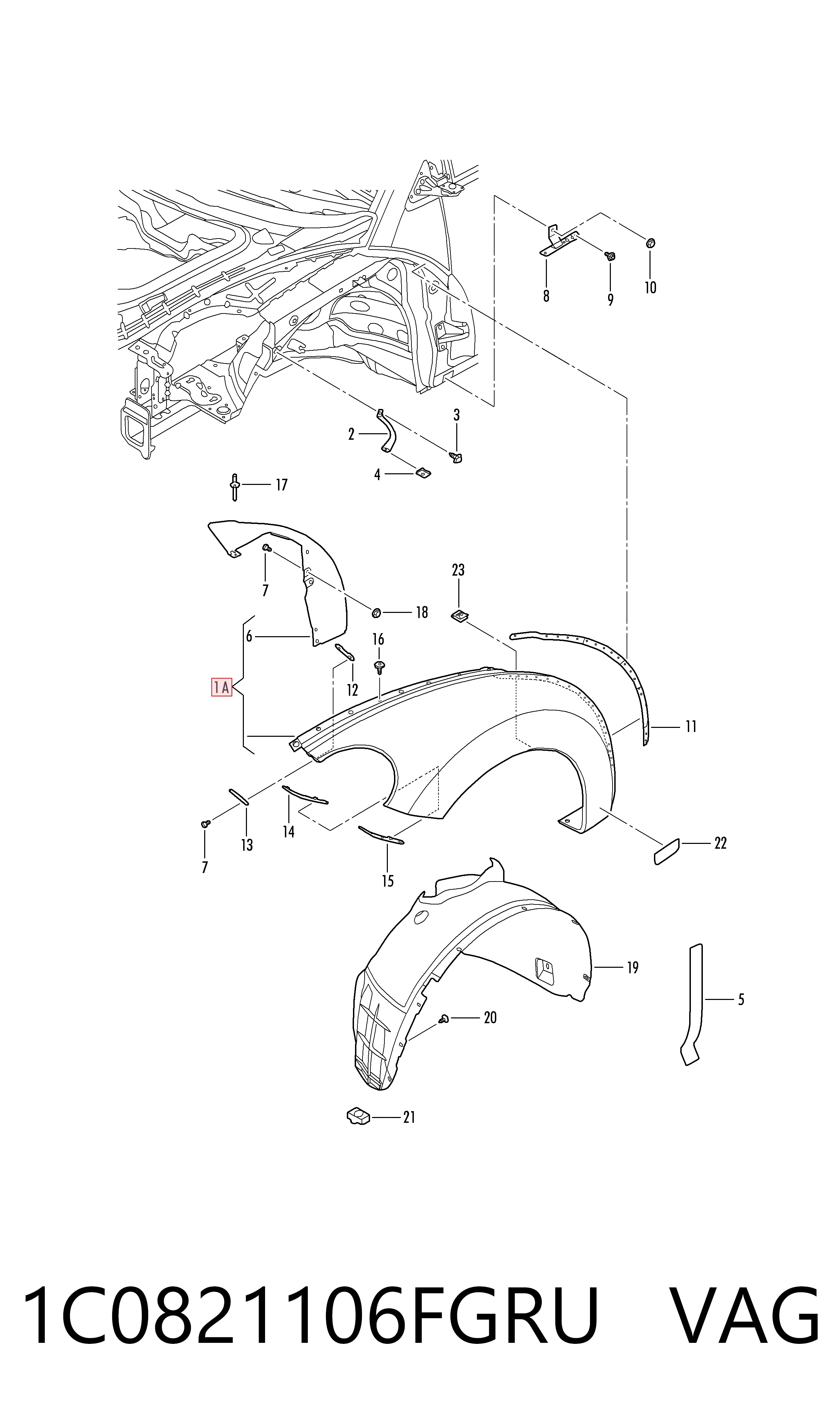 Do koszyka Błotnik przedni prawy Volkswagen Beetle  9C1, 1C1, 9G1