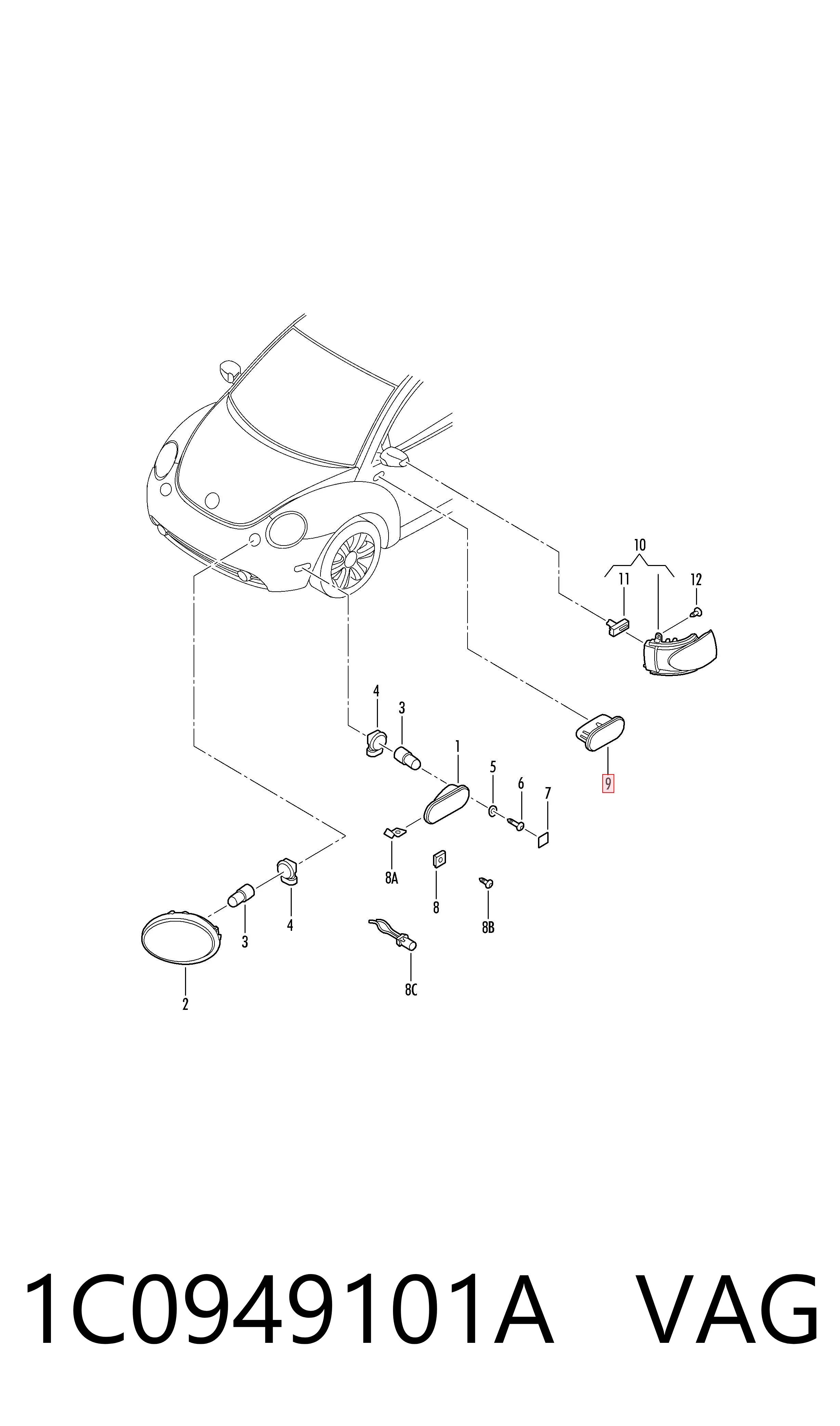 Powtarzacz kierunkowskazu na błotniku do Volkswagen Beetle  9C1, 1C1, 9G1