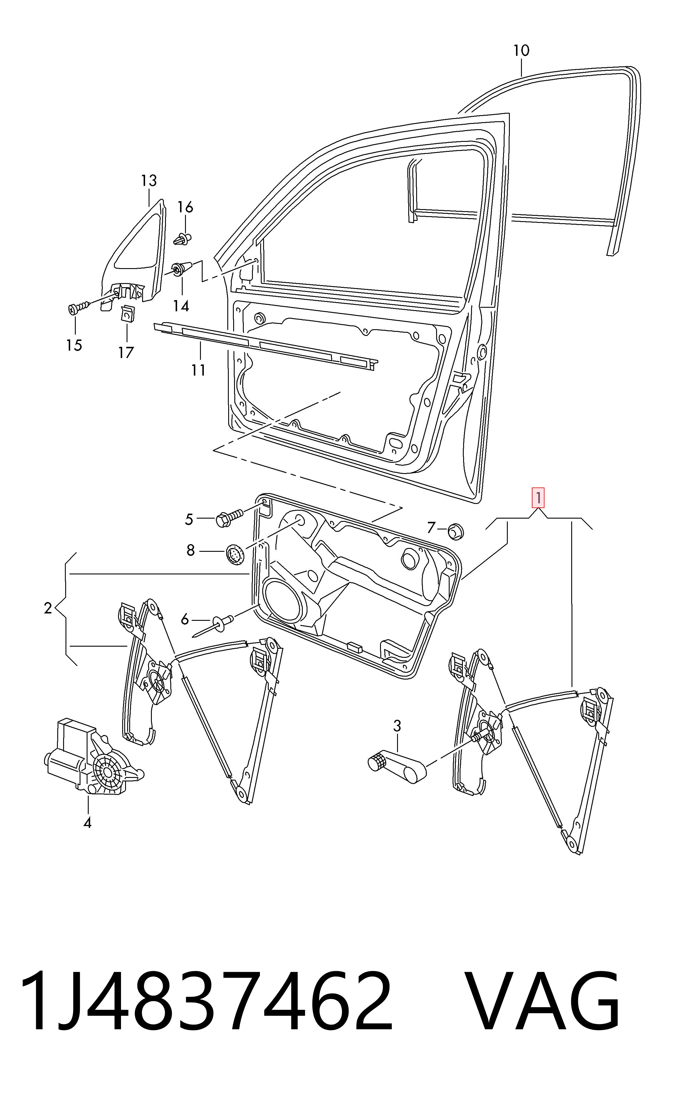 1J4837462 VAG Mechanizm podnoszenia szyby drzwi przednich prawych
