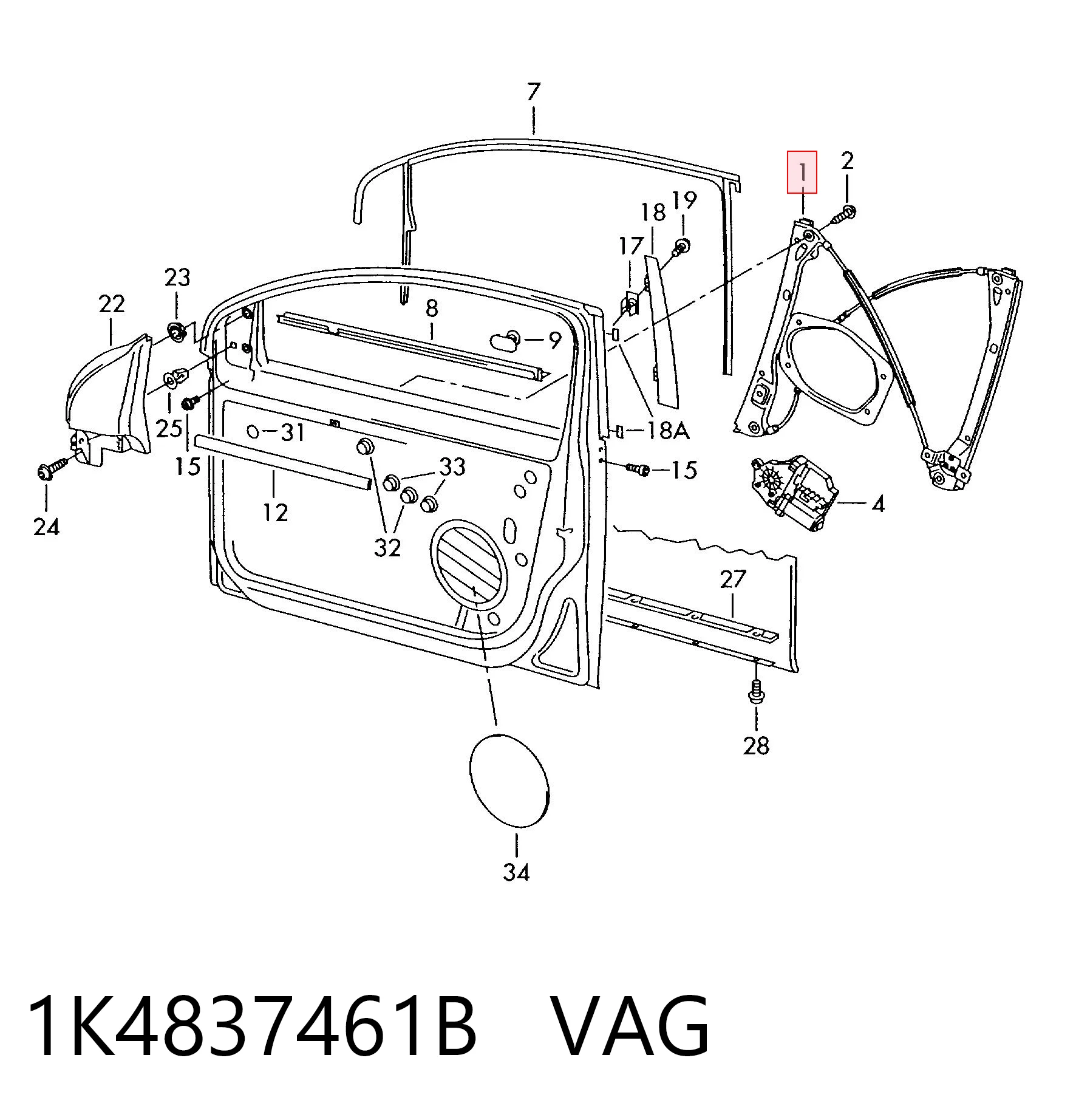 1K4837461B VAG Mechanizm podnoszenia szyby drzwi przednich lewych