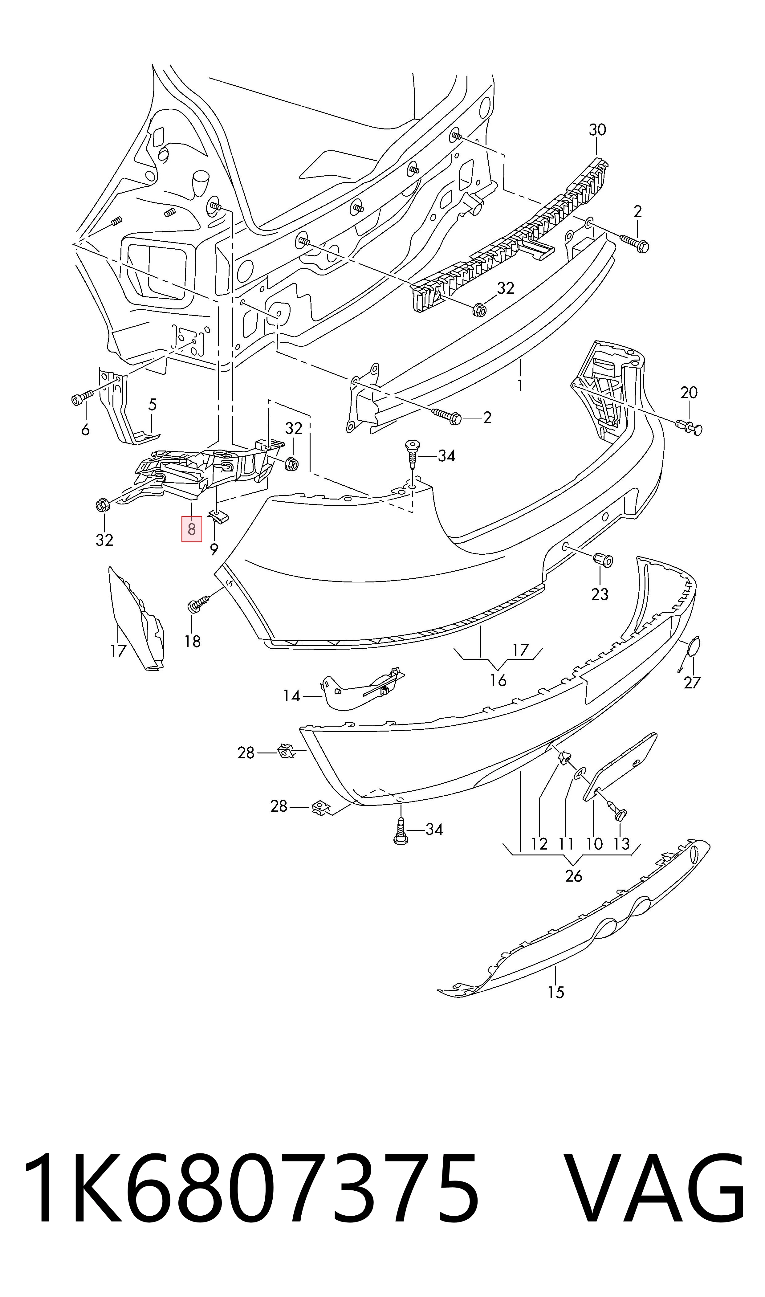 1K6807375 VAG Prowadnica zderzaka tylnego lewa