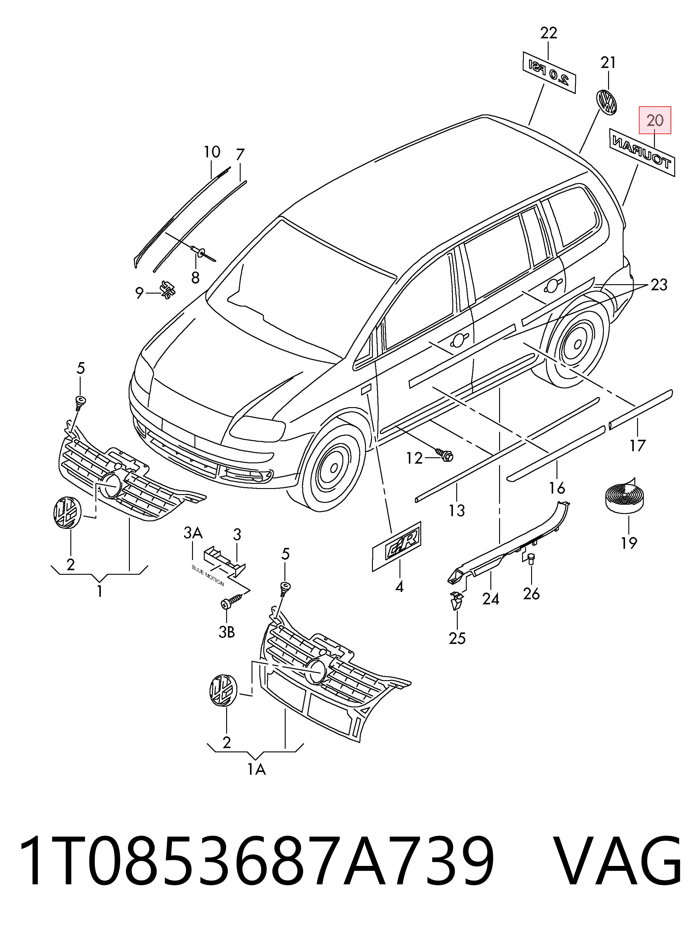 Emblemat na klapę bagaznika (znaczek firmowy) Volkswagen Touran I minivan (1T1, 1T2) (2003 - 2010) cena, od 56,14 USD