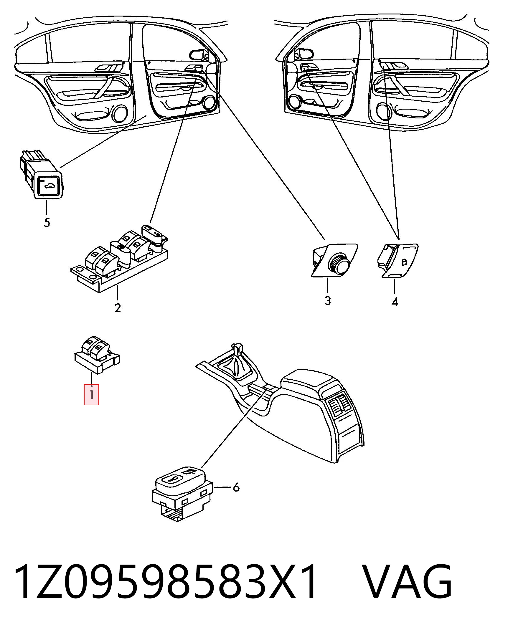 1Z09598583X1 VAG Panel przyciskowy sterowania podnośnikiem szyby przedni lewy