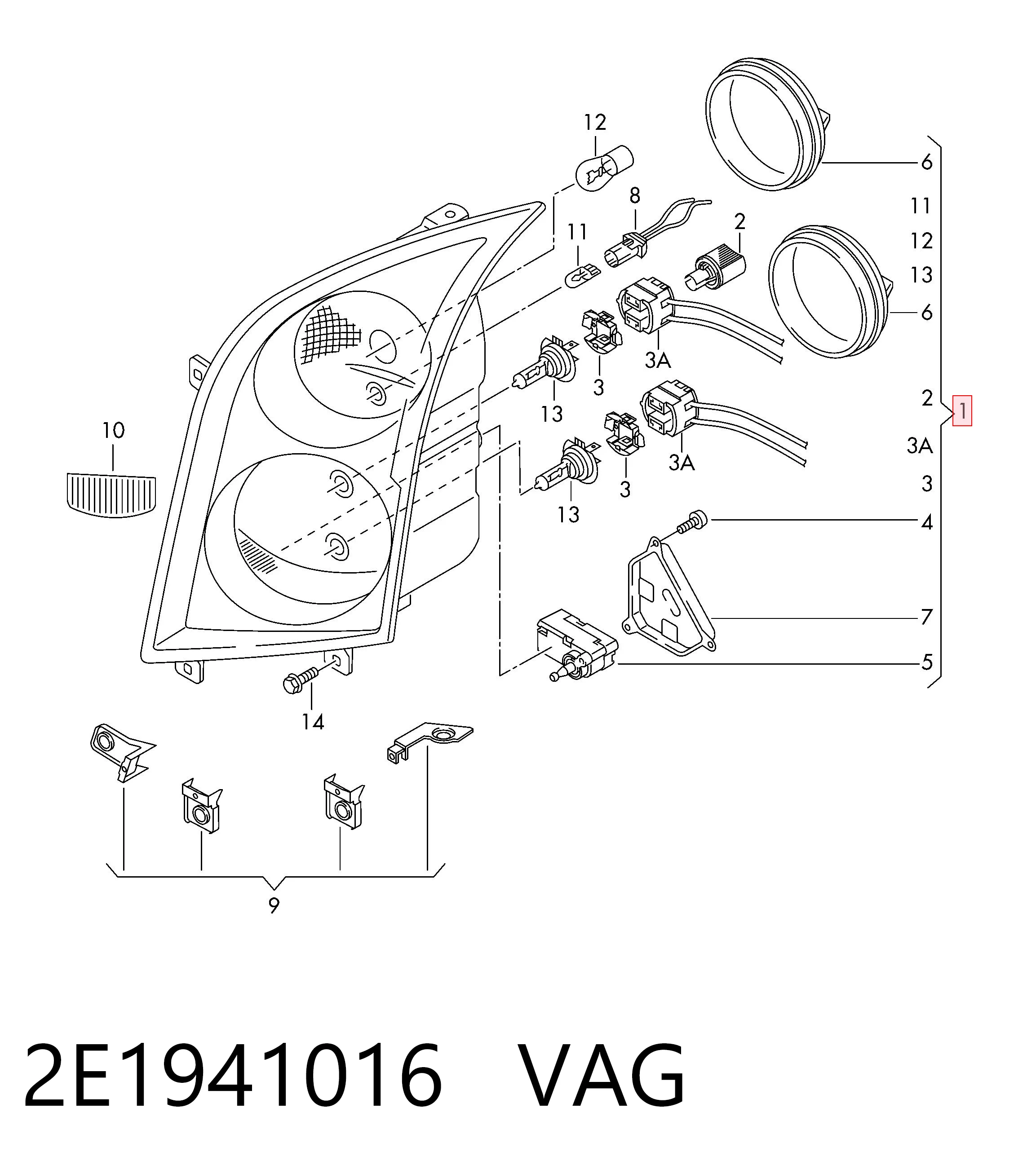 2E1941016 VAG Reflektor prawy