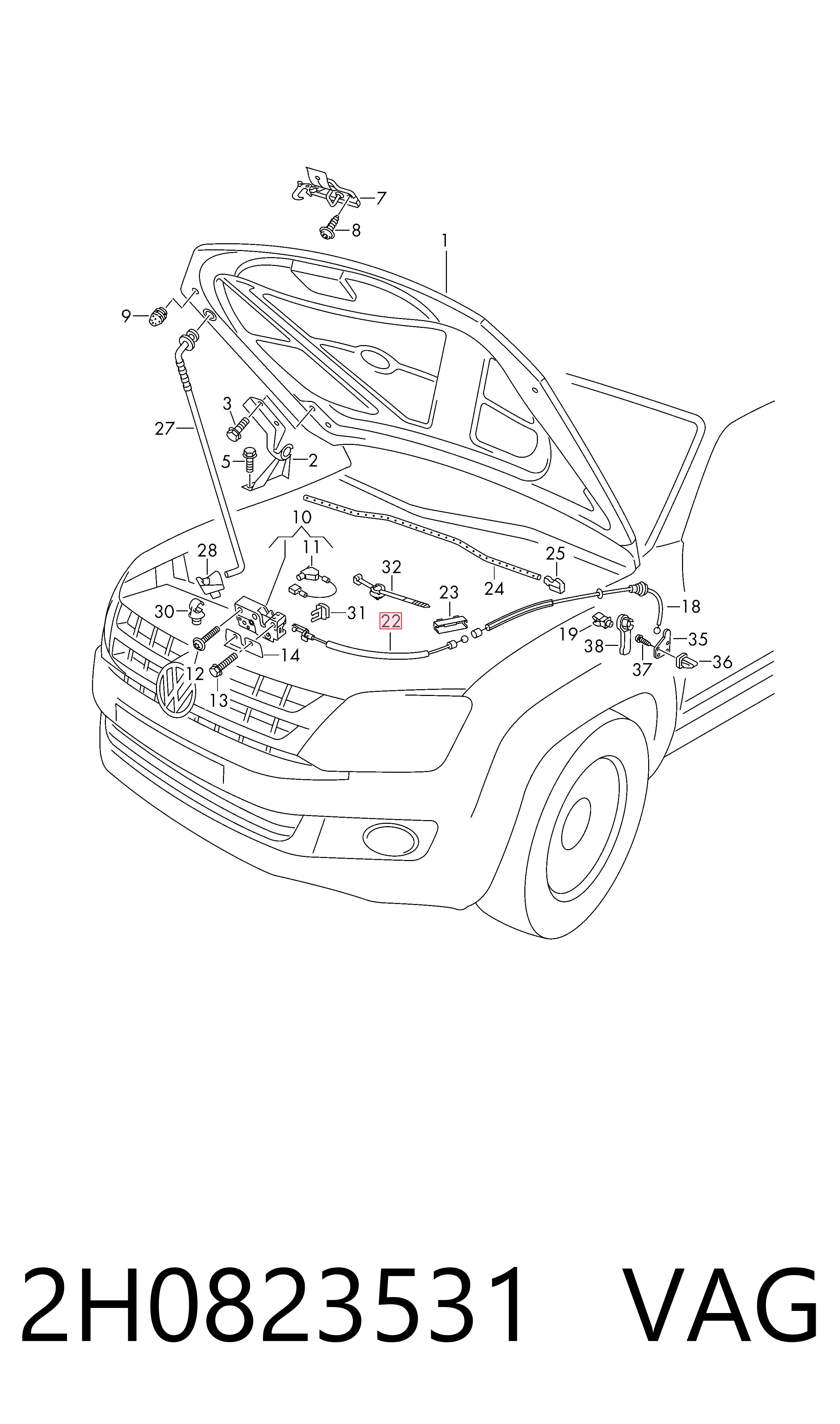 Linka otwierania maski do Volkswagen AMAROK 2HA, 2HB, S1B, S6B, S7A, S7B