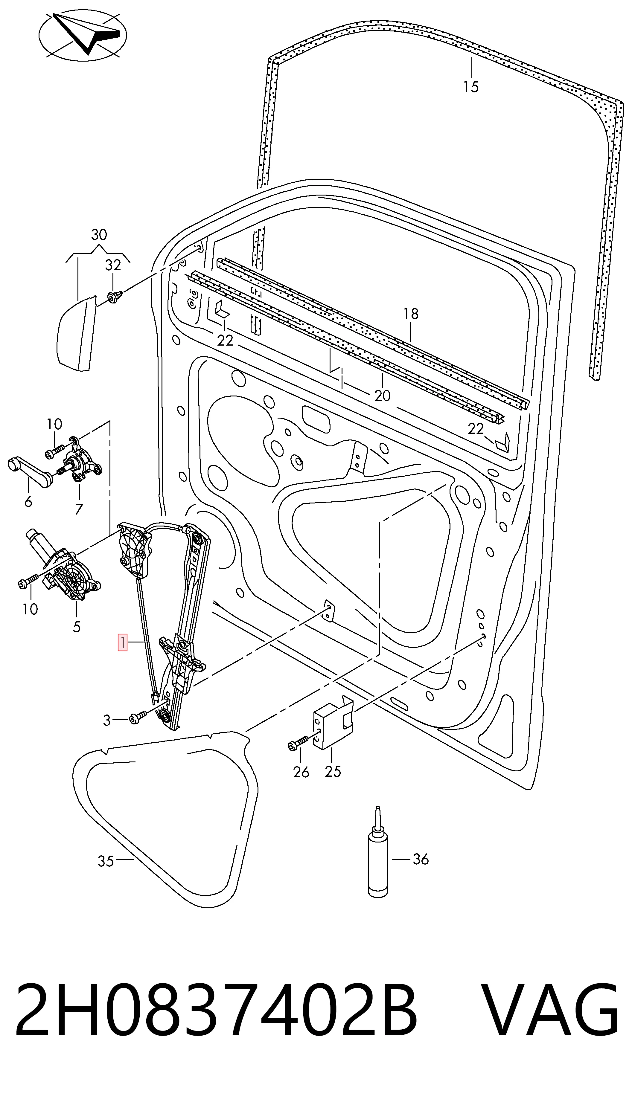 Mechanizm podnoszenia szyby drzwi przednich prawych do Volkswagen AMAROK  2HA, 2HB, S1B, S6B, S7A, S7B
