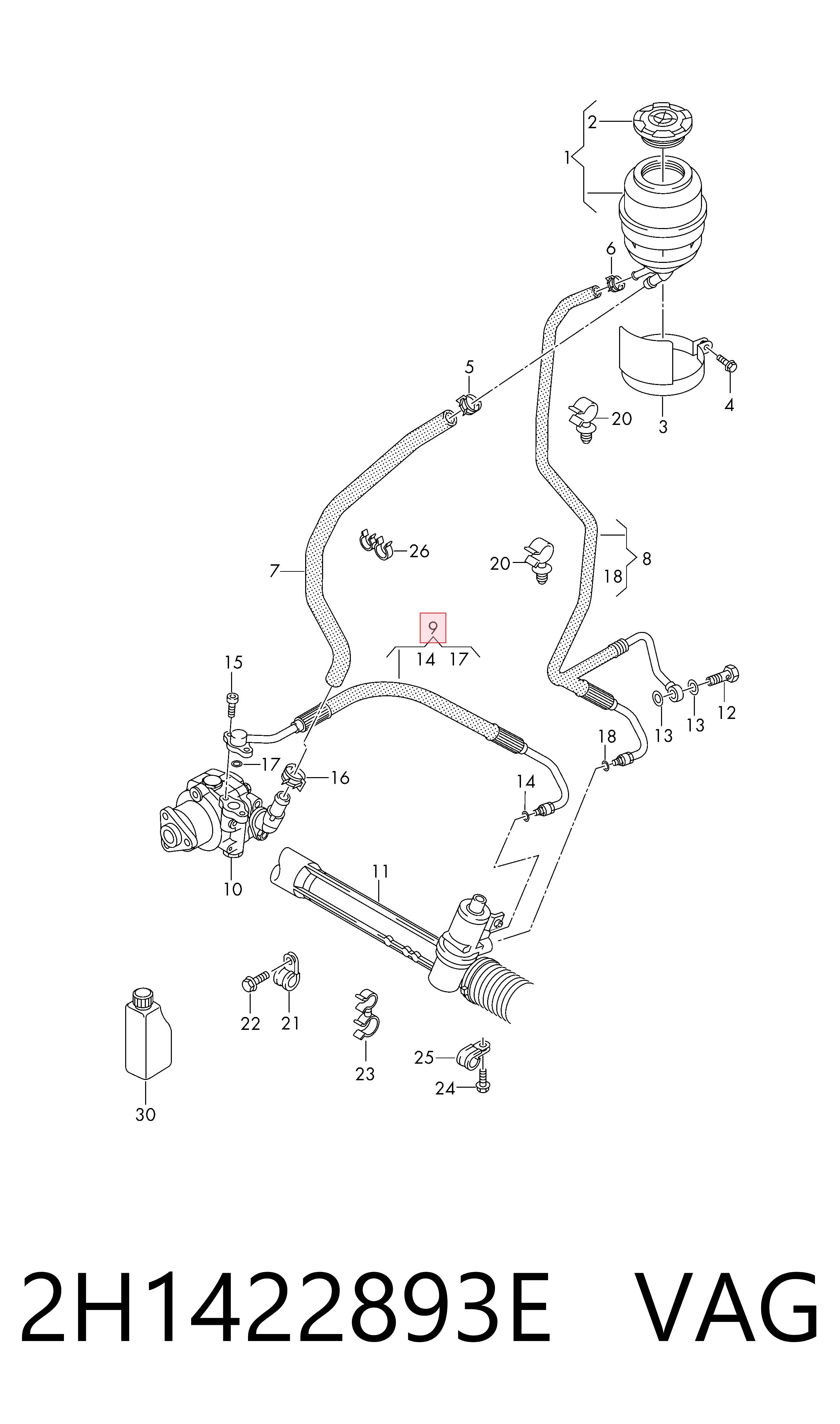 Przewód hydraulicznego układu wspomagania wysokiego ciśnienia, od pompy do maglownicy (mechanizmu) do Volkswagen AMAROK  2HA, 2HB, S1B, S6B, S7A, S7B