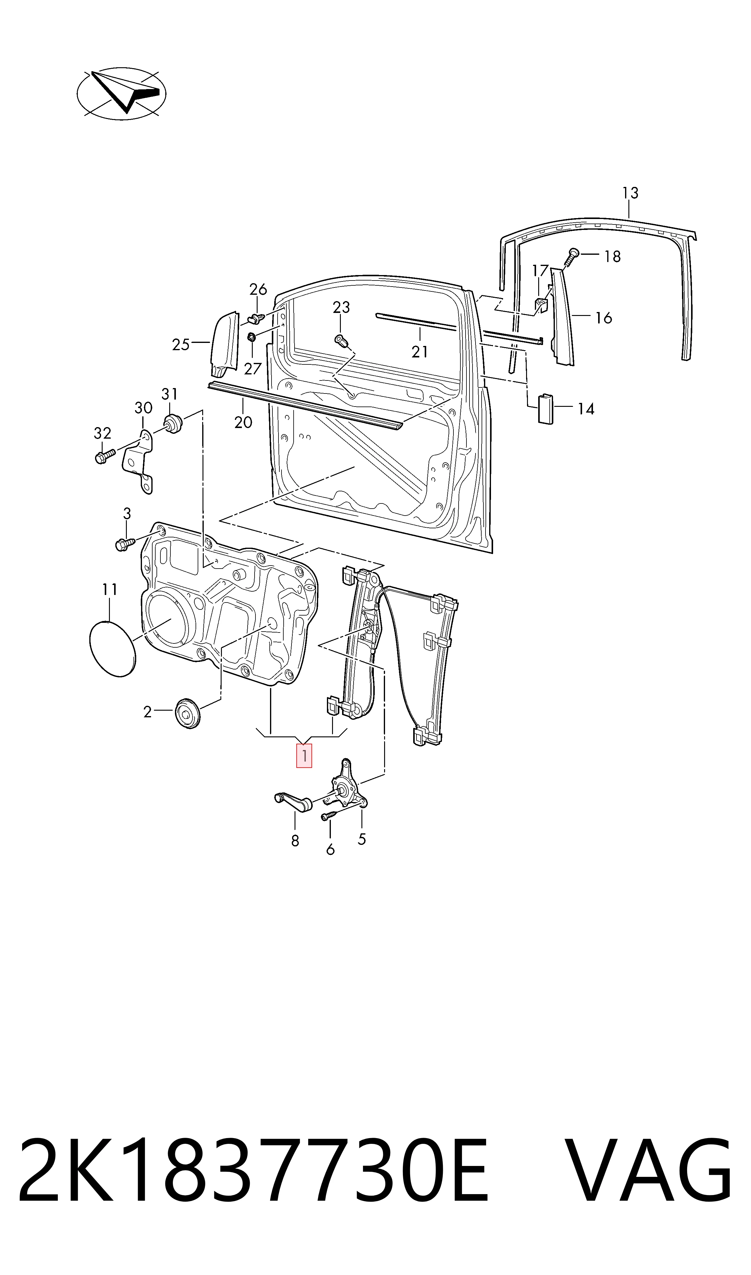 Mechanizm podnoszenia szyby drzwi przednich prawych do Volkswagen Caddy III 2KB, 2KJ, 2CB, 2CJ