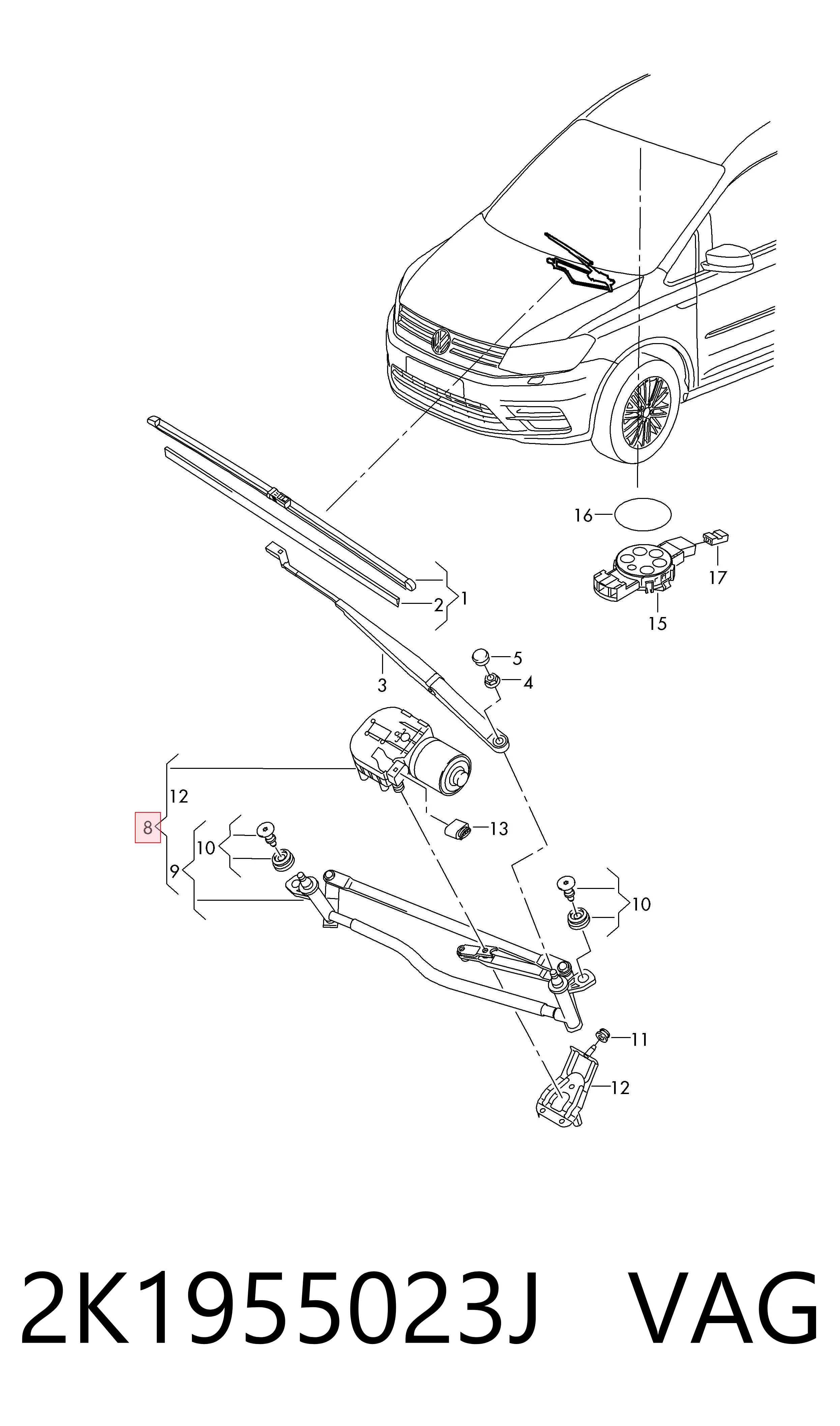 Do koszyka Mechanizm wycieraczek Volkswagen Caddy III 2KA, 2KH, 2CA, 2CH
