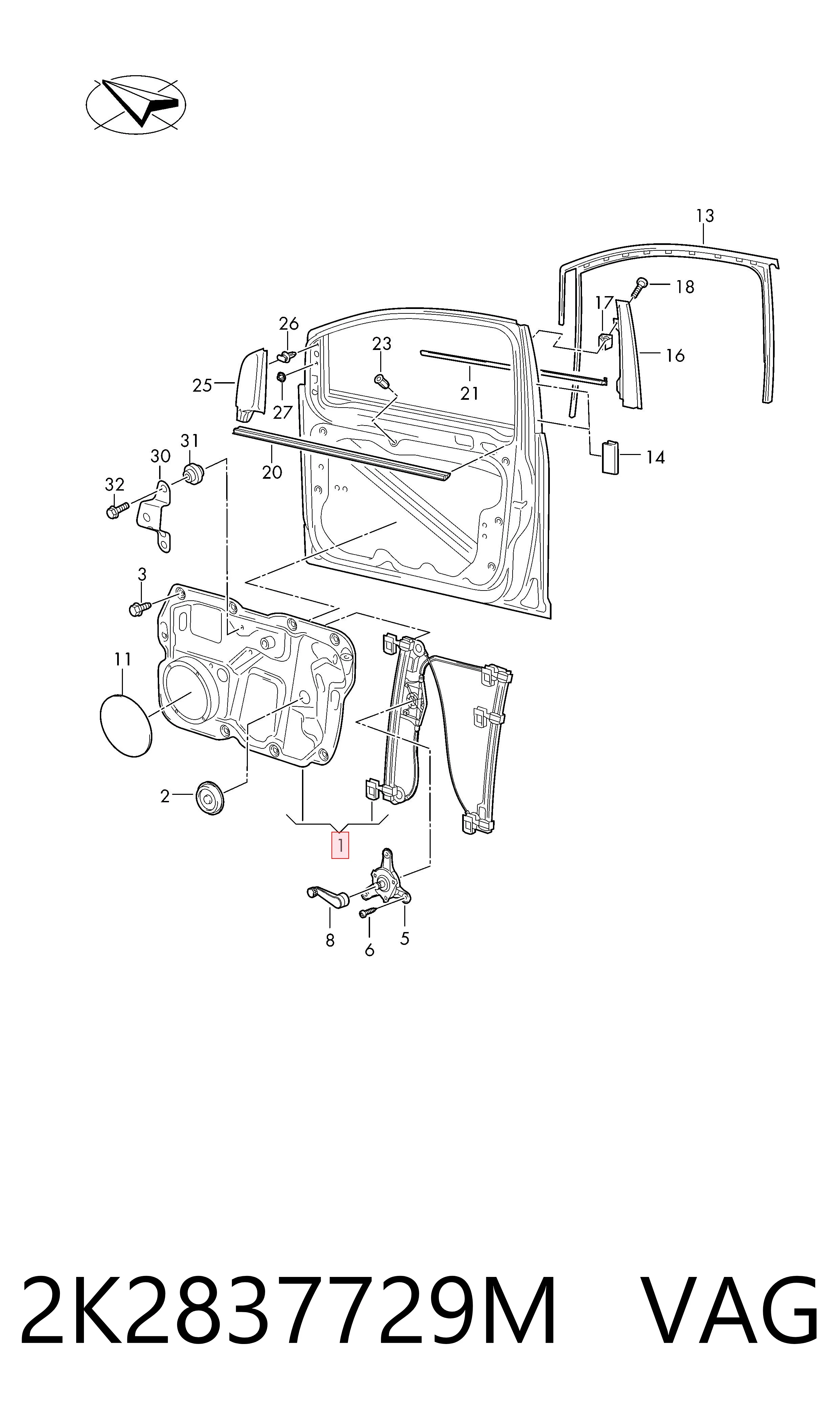 2K2837729M VAG Mechanizm podnoszenia szyby drzwi przednich lewych