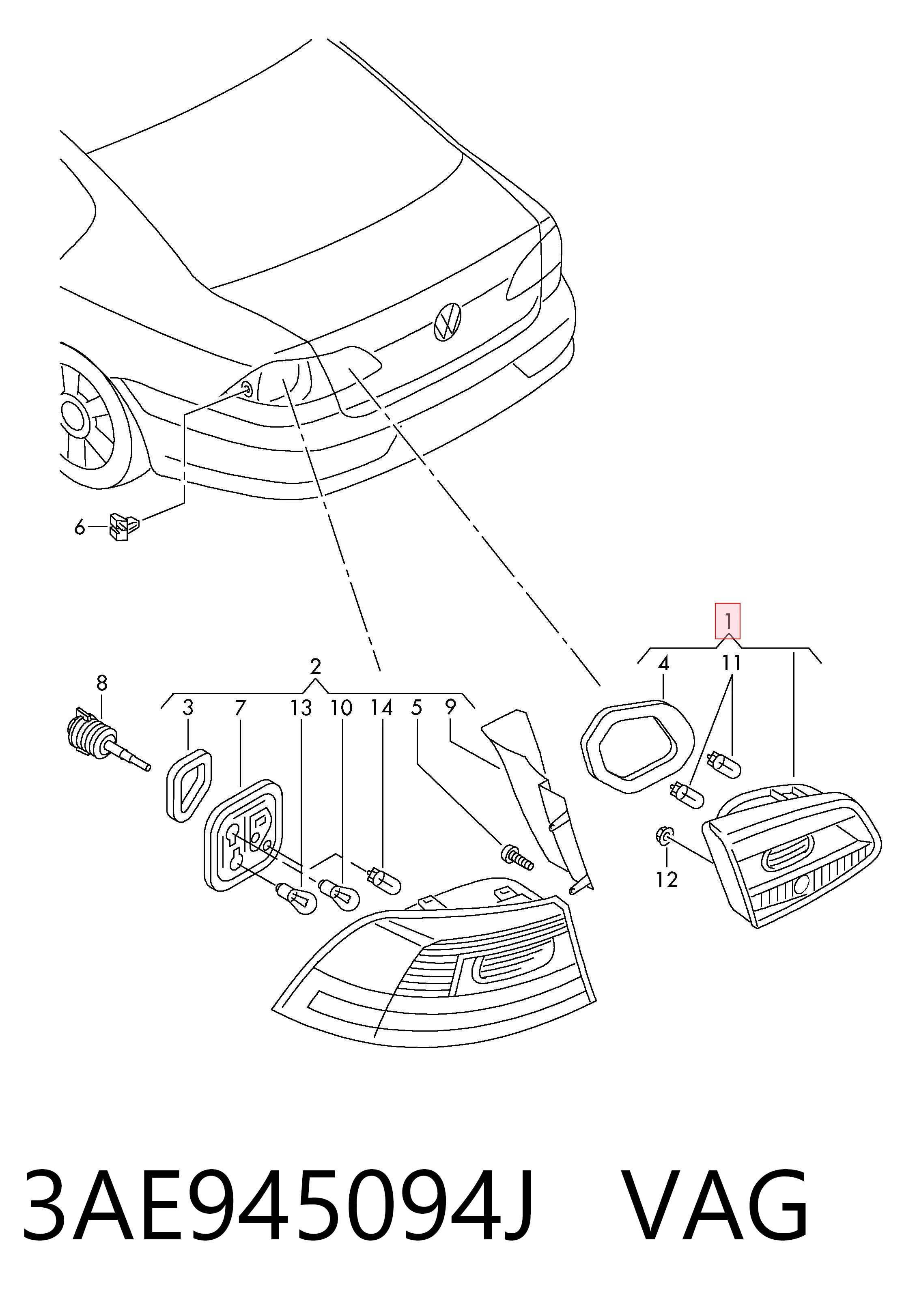 3AE945094J VAG Lampa zespolona tylna prawa wewnętrzna