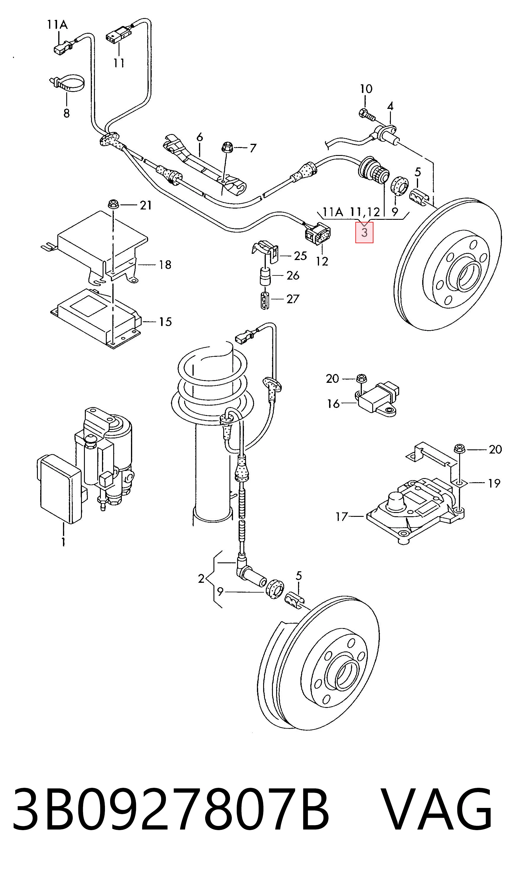 3B0927807B VAG Czujnik ABS tylny