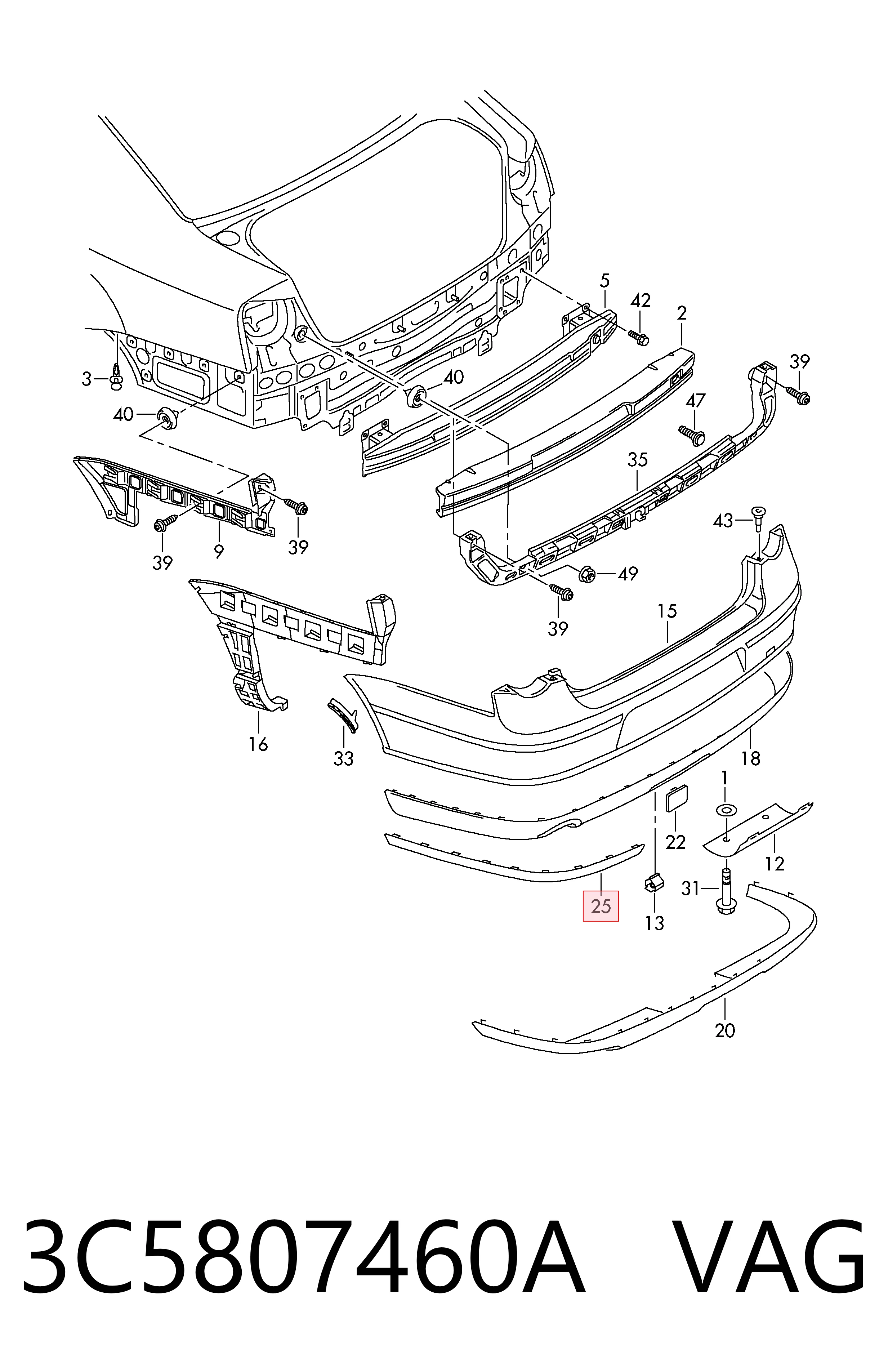 3C5807460A VAG Listwa ochronna zderzaka tylnego prawa