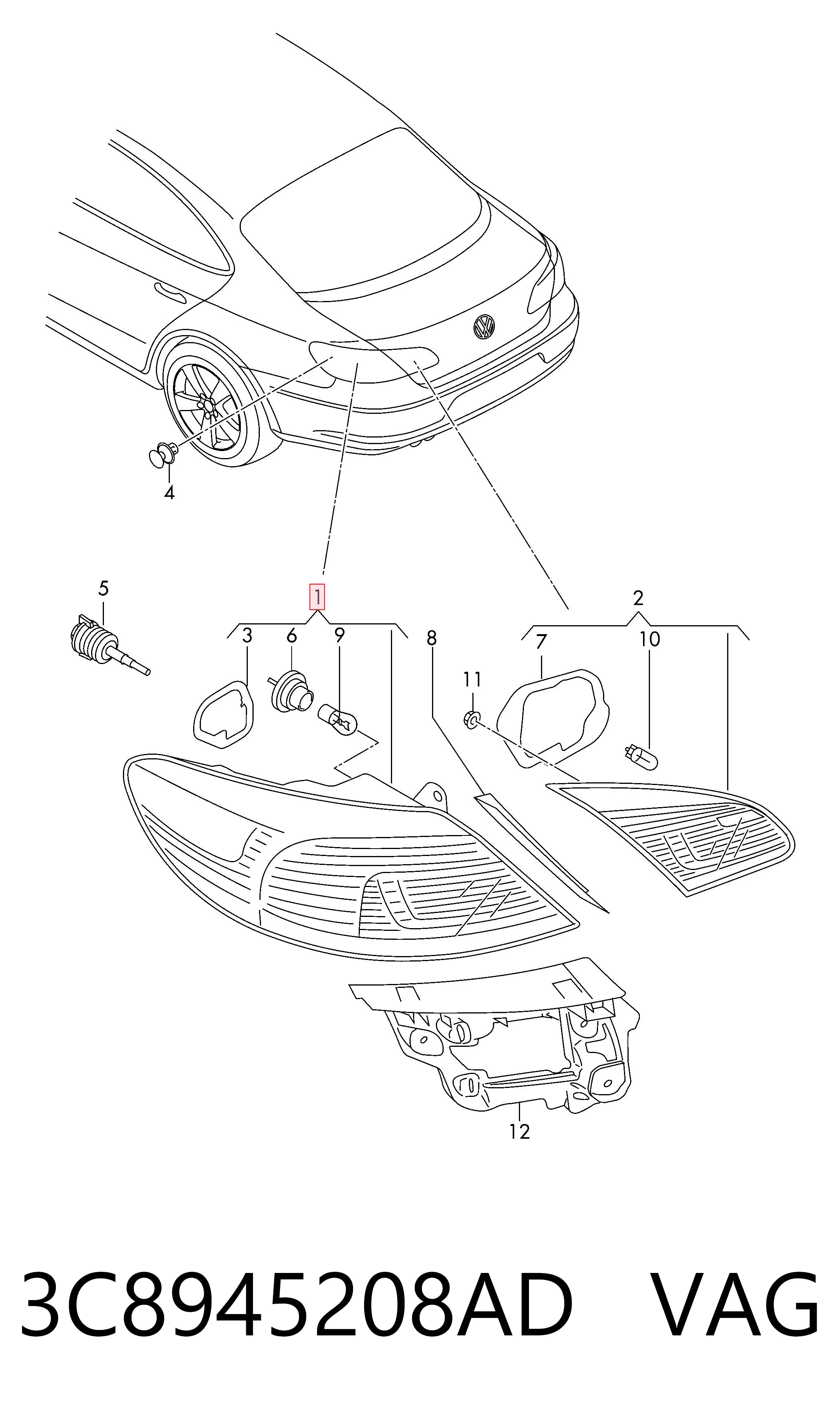 3C8945208AD VAG Lampa zespolona tylna prawa zewnętrzna