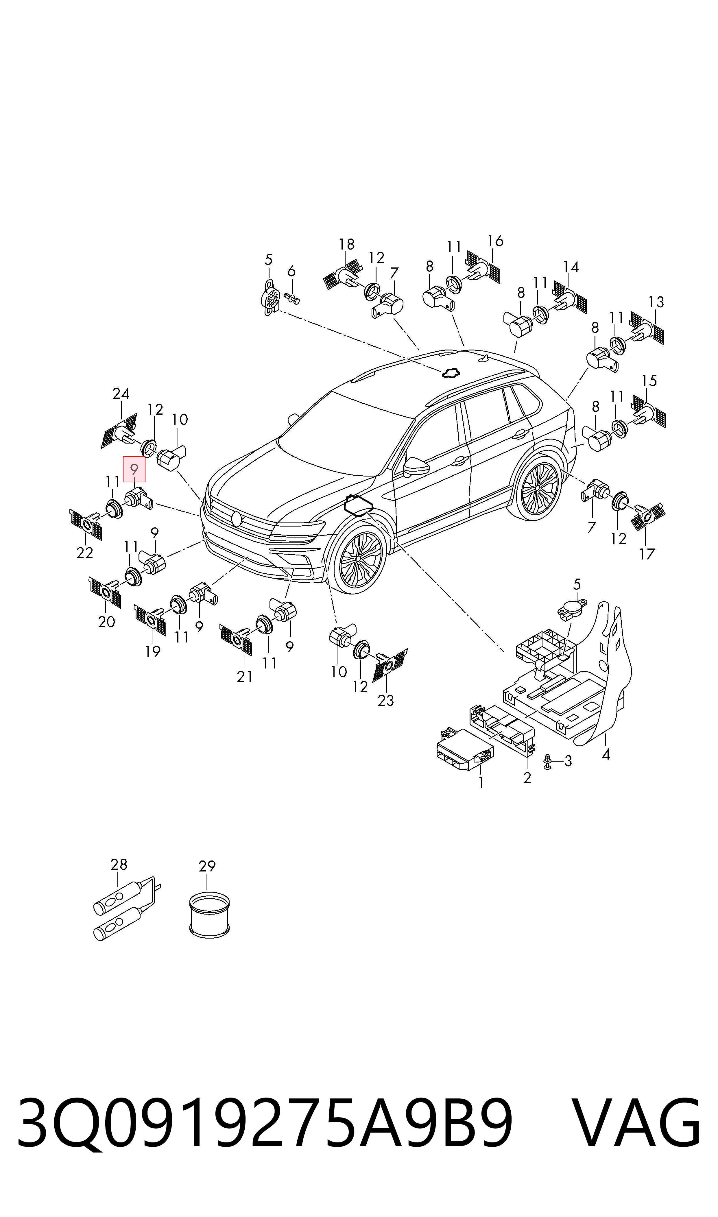 Czujnik parkowania przedni 3Q0919275A9B9 VAG