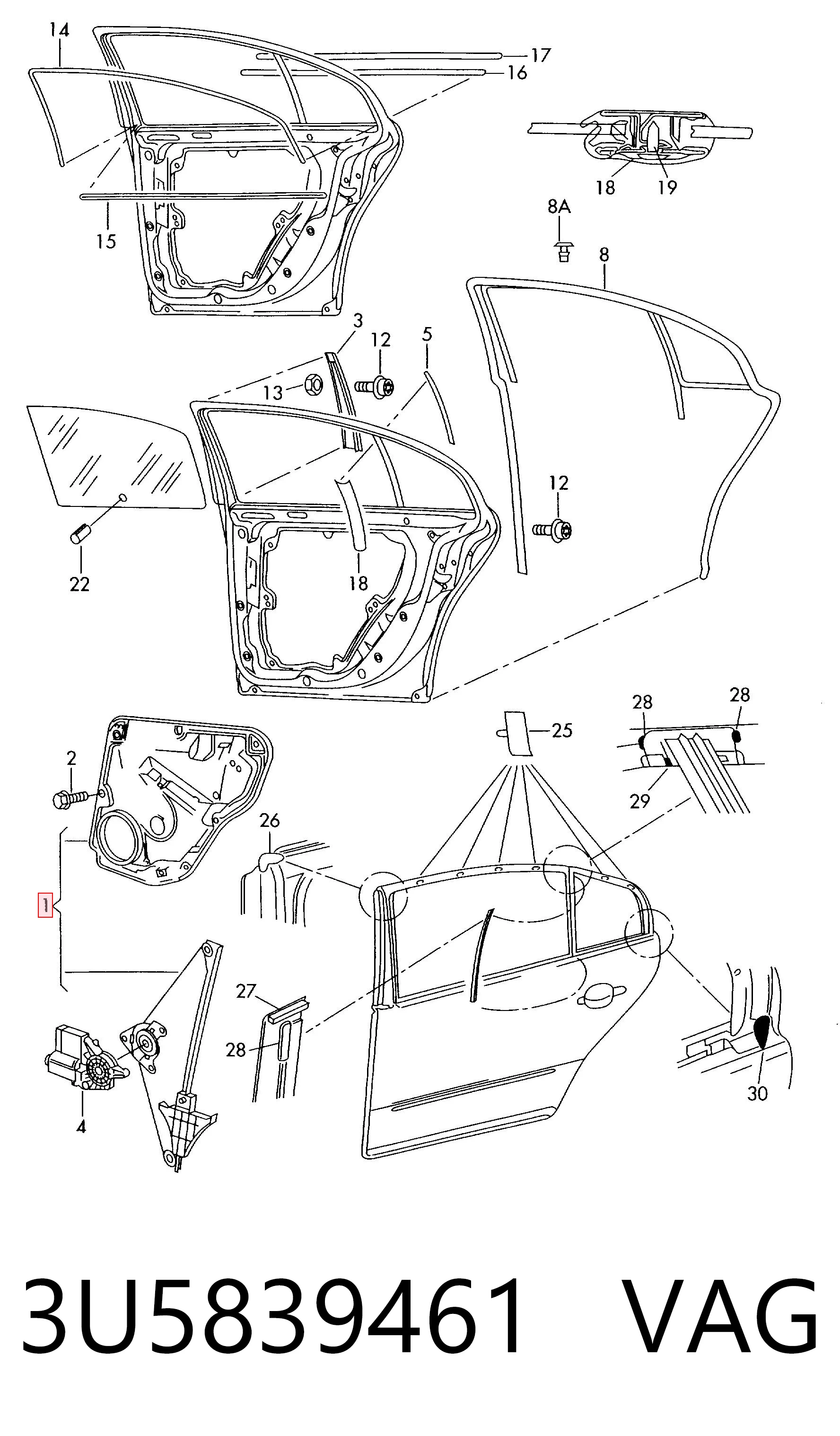 3U5839461 VAG Mechanizm podnoszenia szyby drzwi tylnych lewych