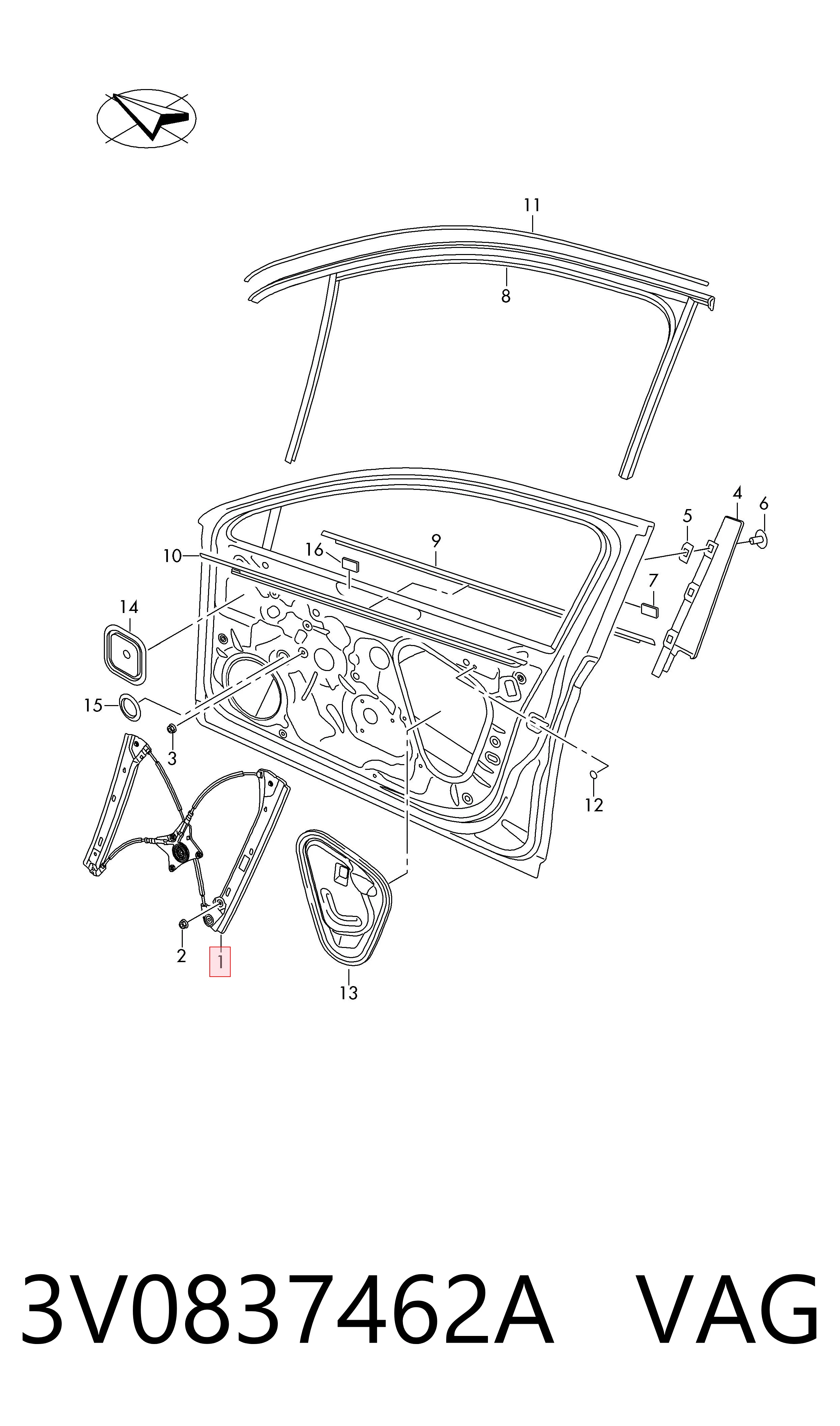 3V0837462A VAG Mechanizm podnoszenia szyby drzwi przednich prawych