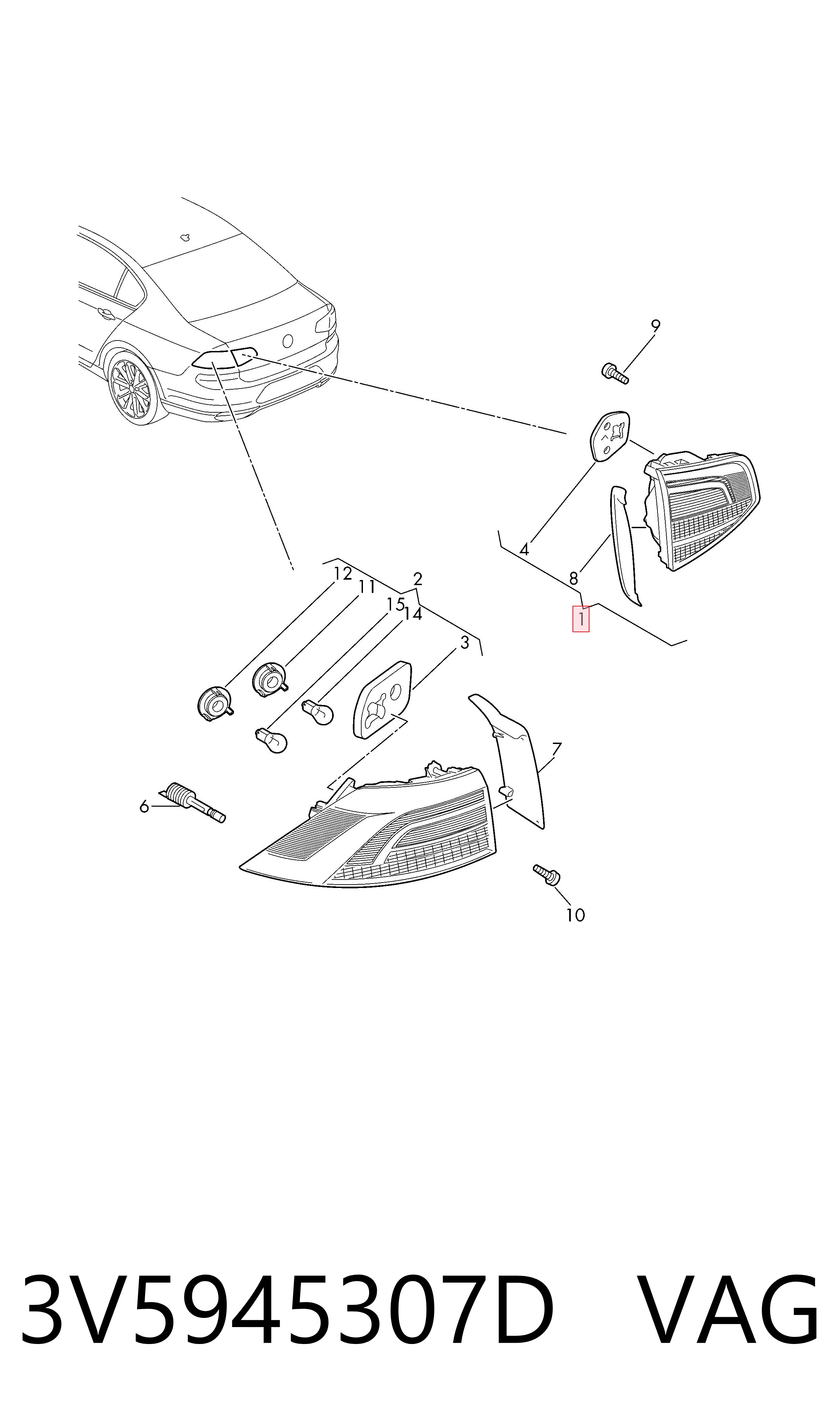3V5945307D VAG Lampa zespolona tylna lewa wewnętrzna