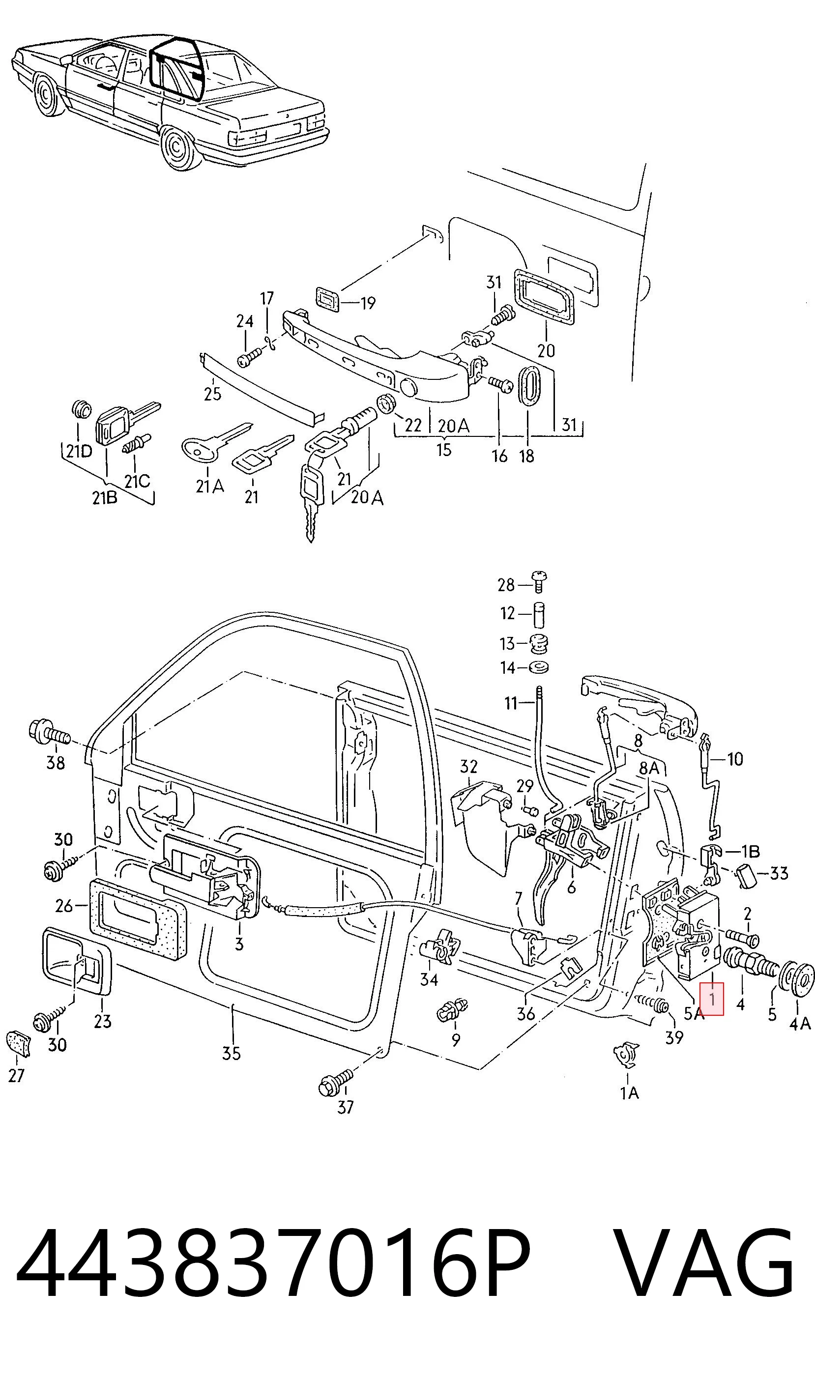 Zamek drzwi przednich prawych do Audi 100 C3 44, 44Q