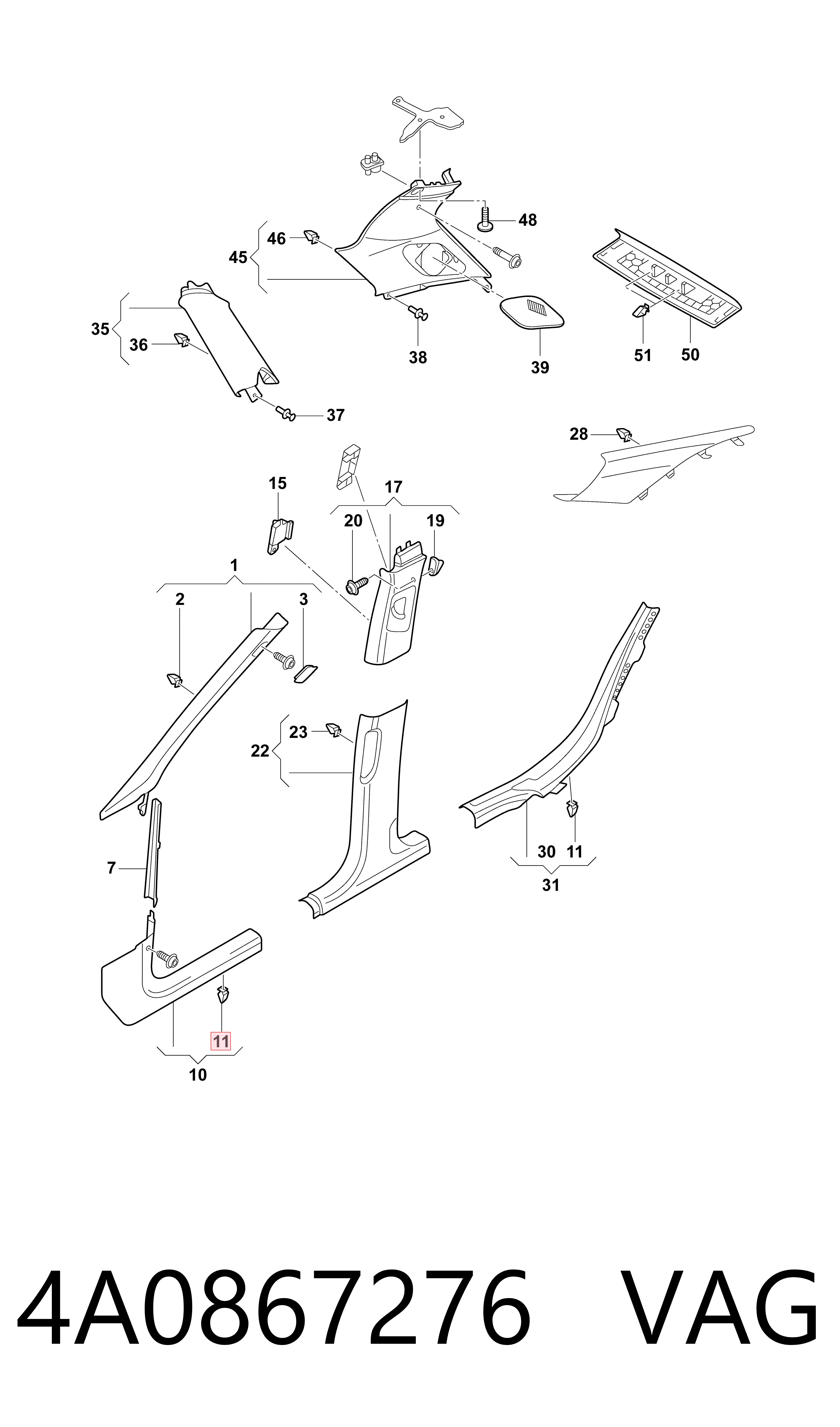 4A0867276 VAG Spinka mocowania obicia klapy bagażnika