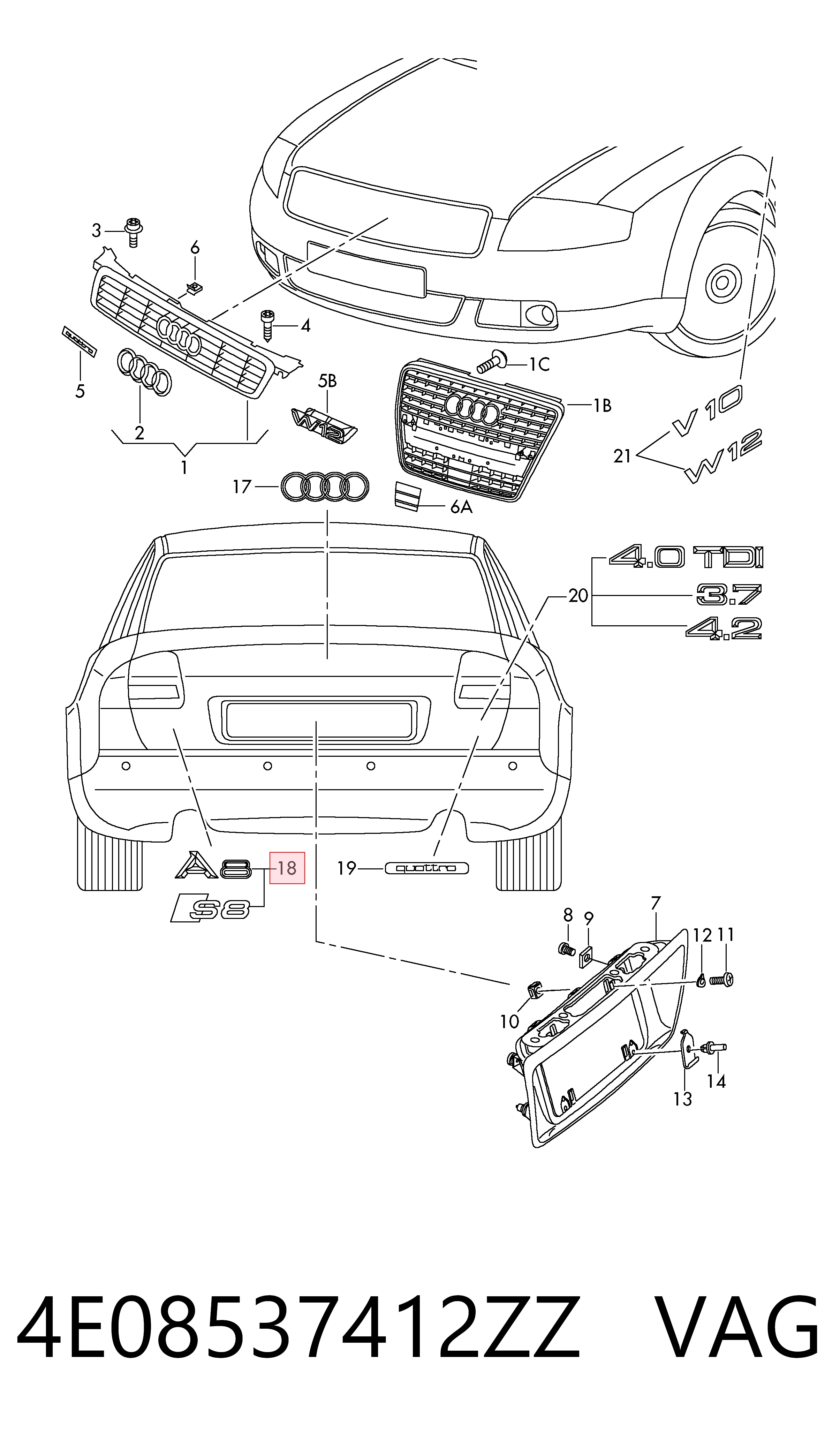 Emblemat na klapę bagaznika (znaczek firmowy) do Audi A8 D3 4E2, 4E8